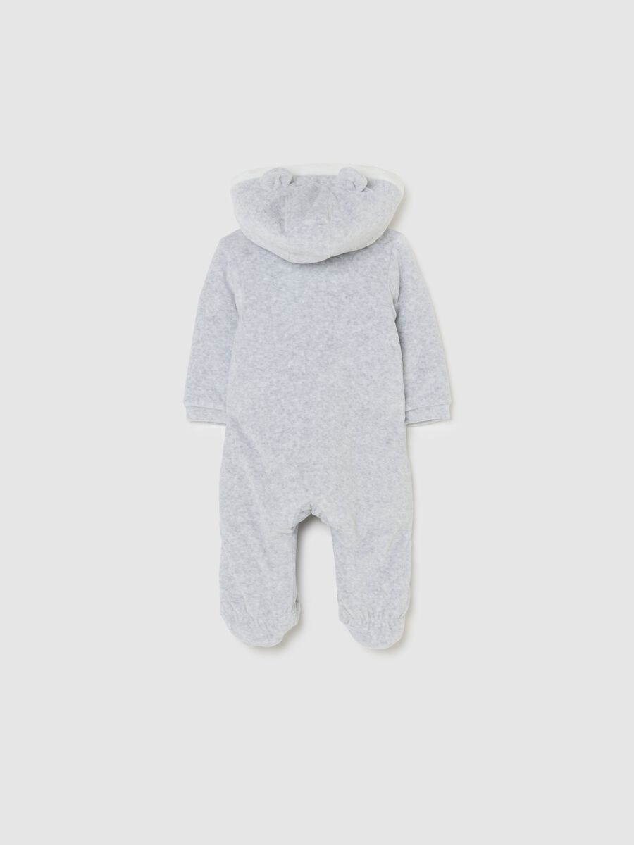 Grey newborn cotton blend playsuit with hood and embroidery_1