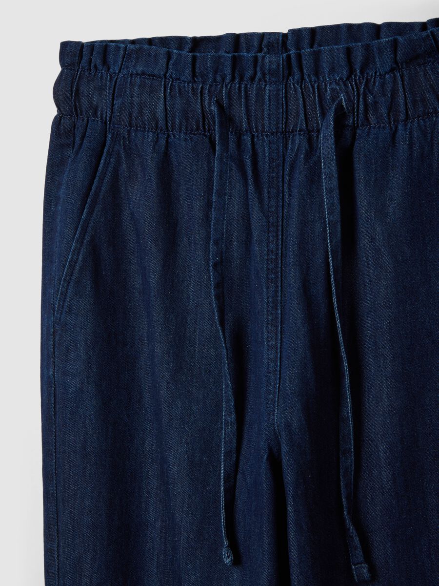 Regular fit blue denim cotton paper bag trousers_5