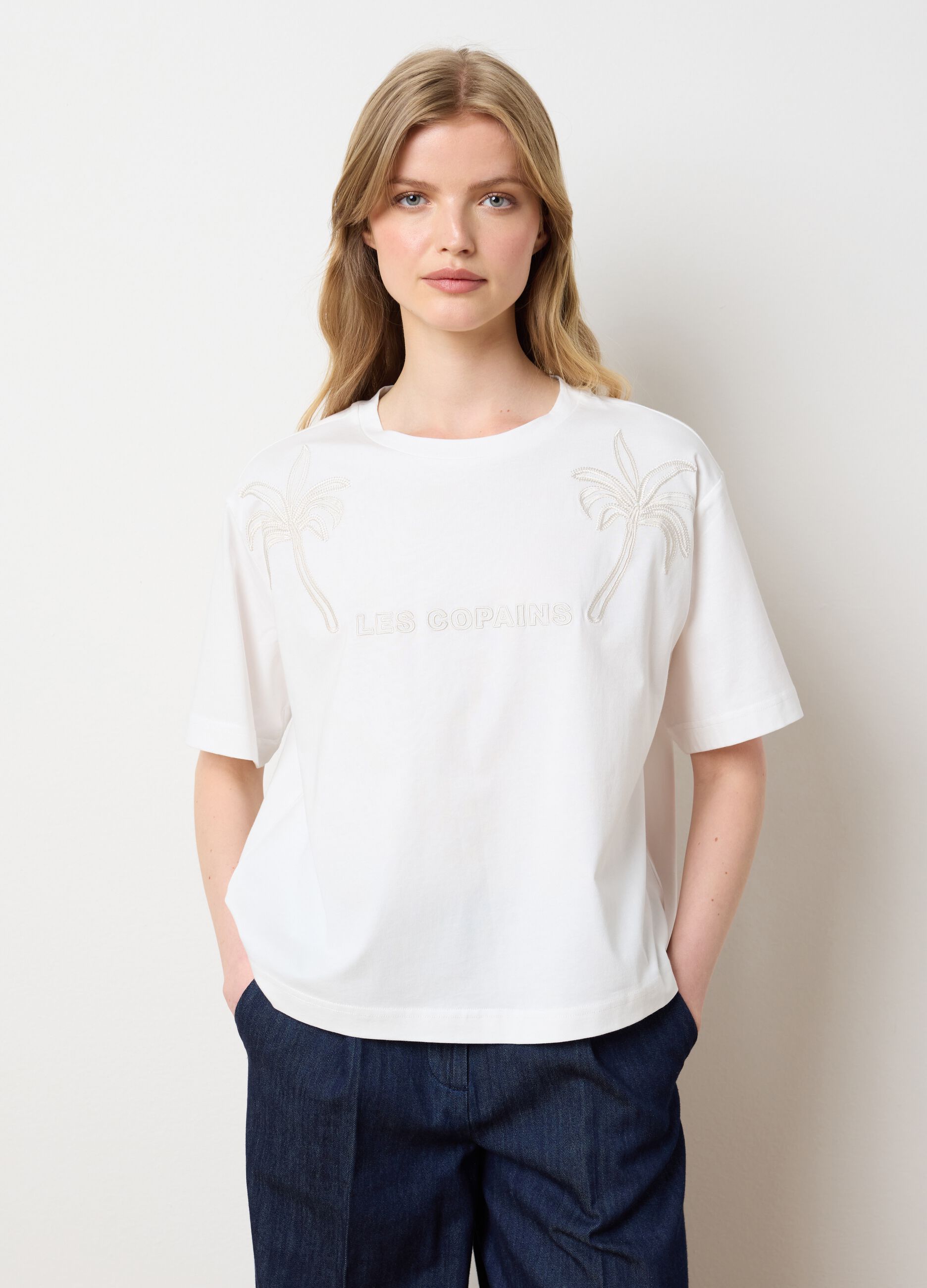White T-shirt with palm embroidery Les Copains