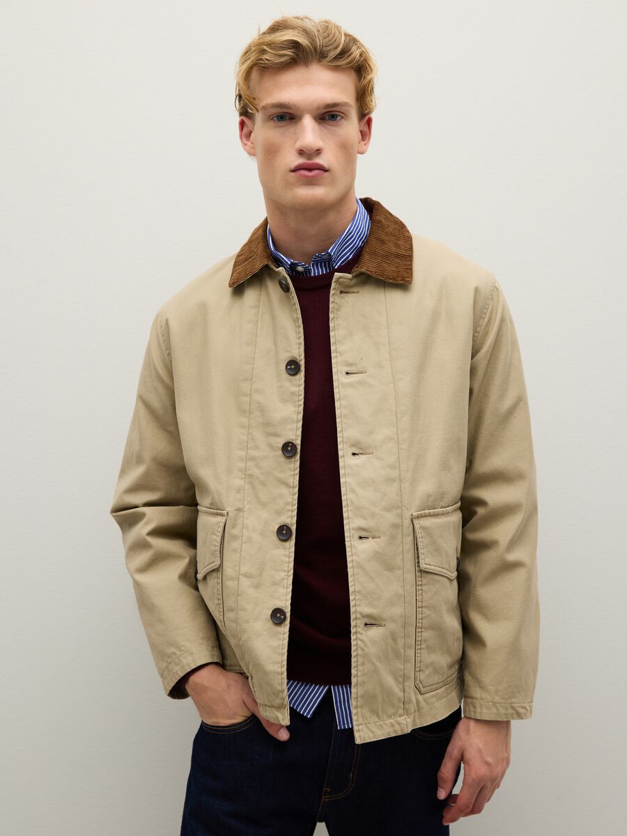 Giacca in puro cotone beige con chiusura a zip_0