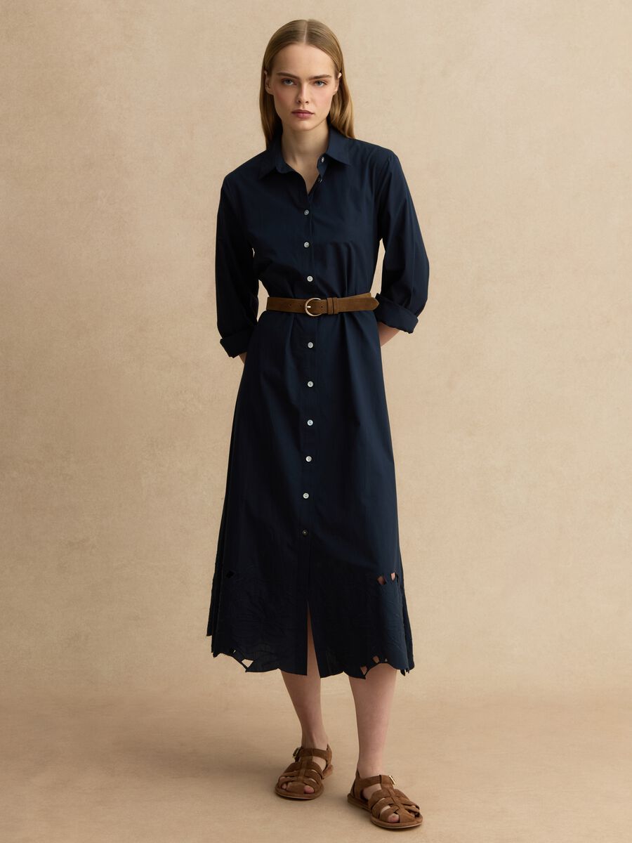 Abito lungo blu in puro cotone regular fit con ricami_0
