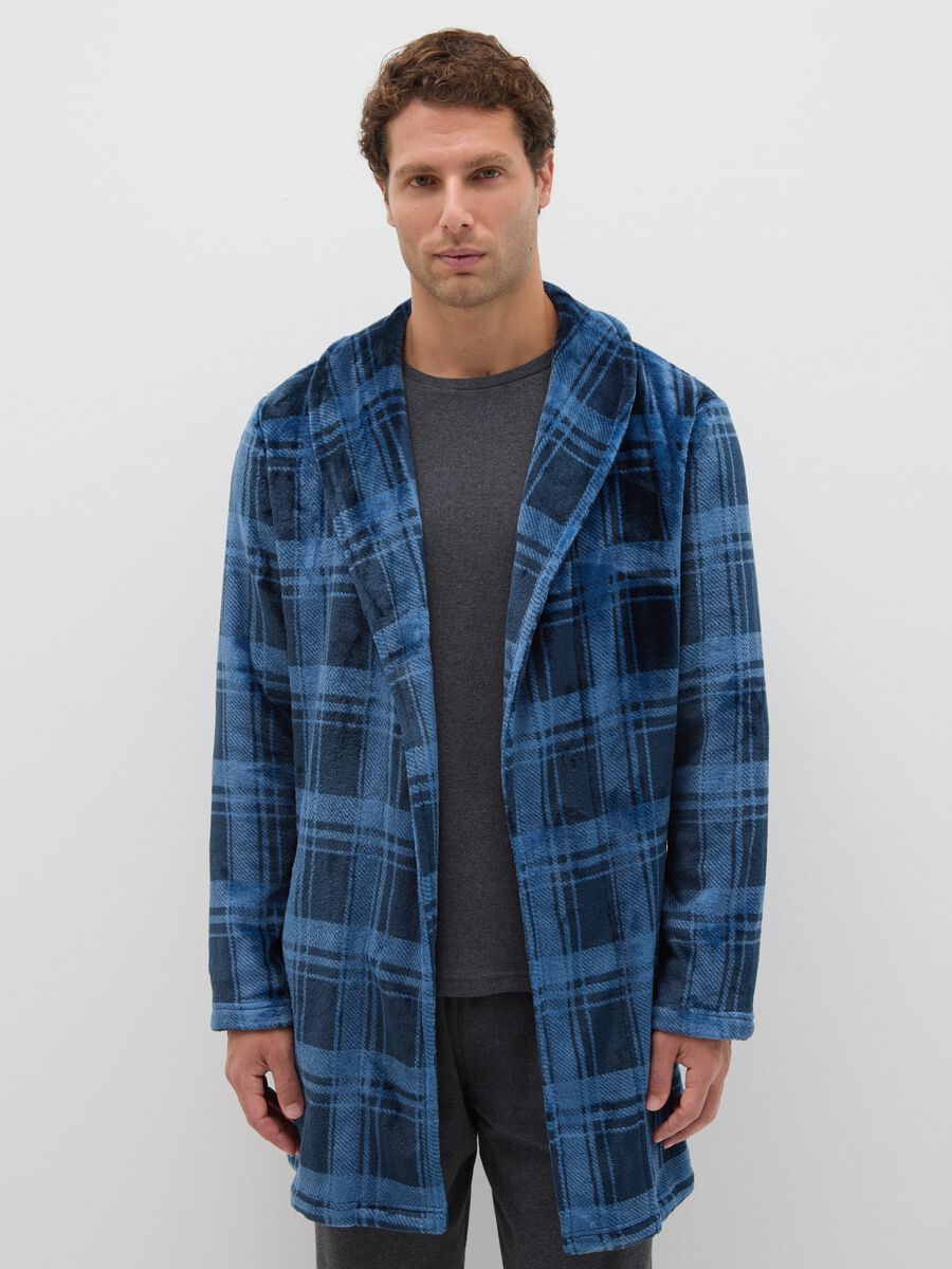 Multicoloured check coral fleece robe with belt_1