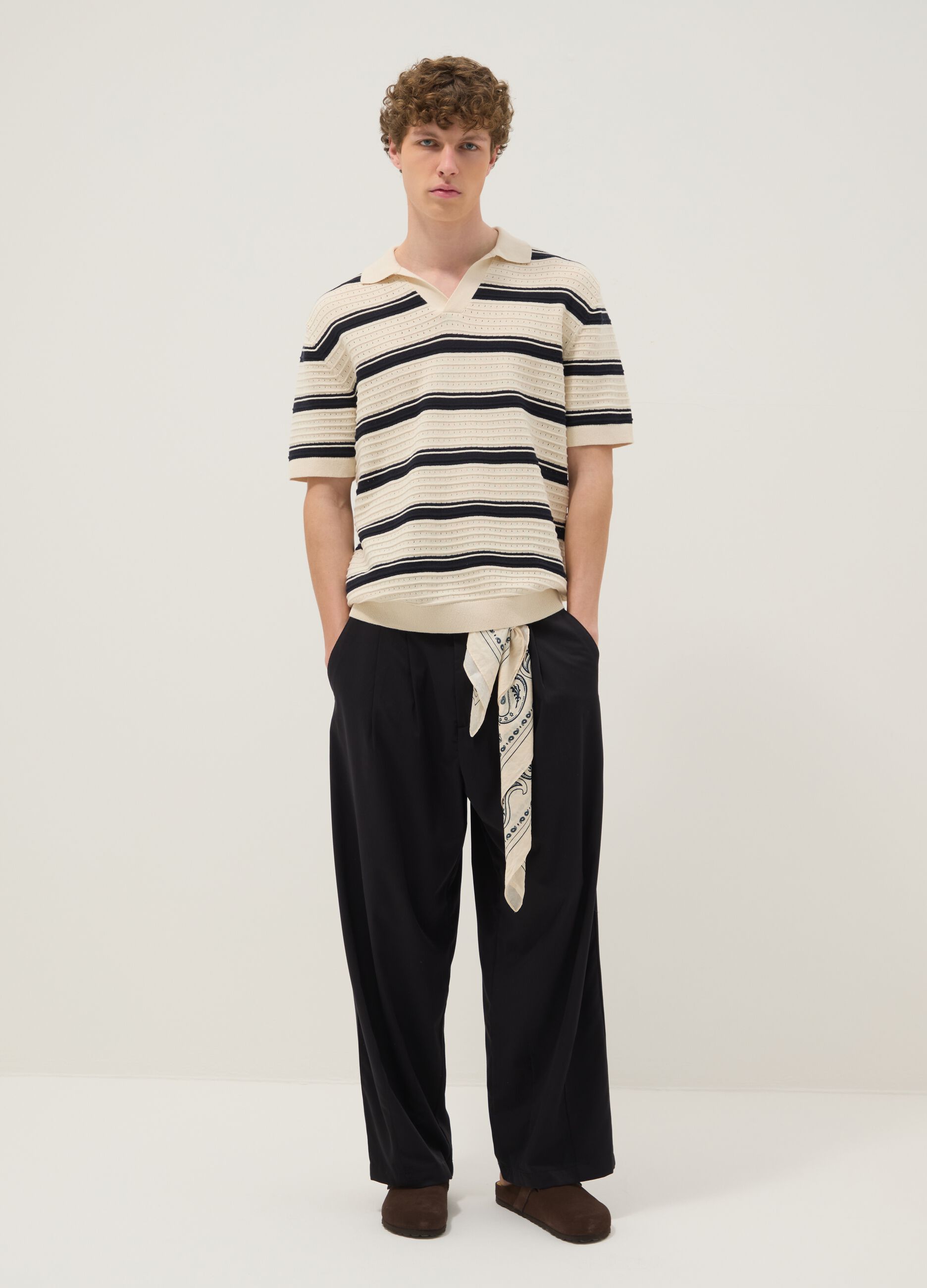 Beige striped pure cotton polo shirt with classic collar, oversized fit