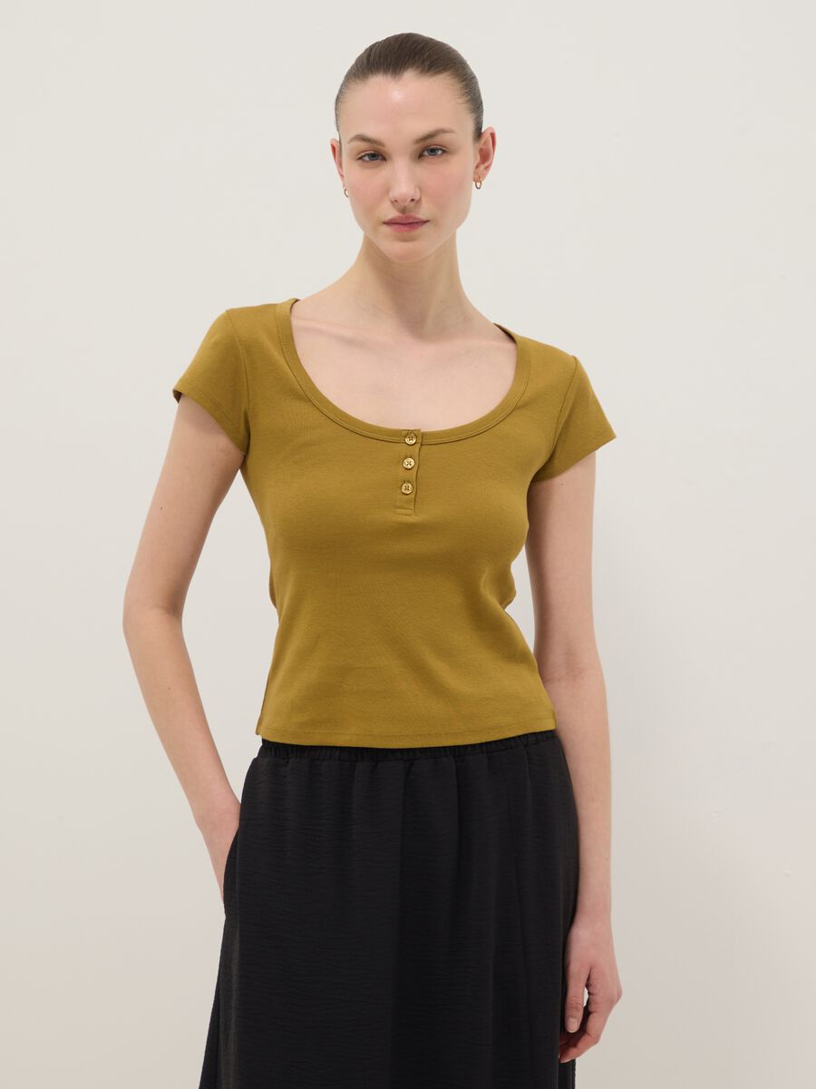 Yellow pure cotton regular fit T-shirt with deep henley neckline_1