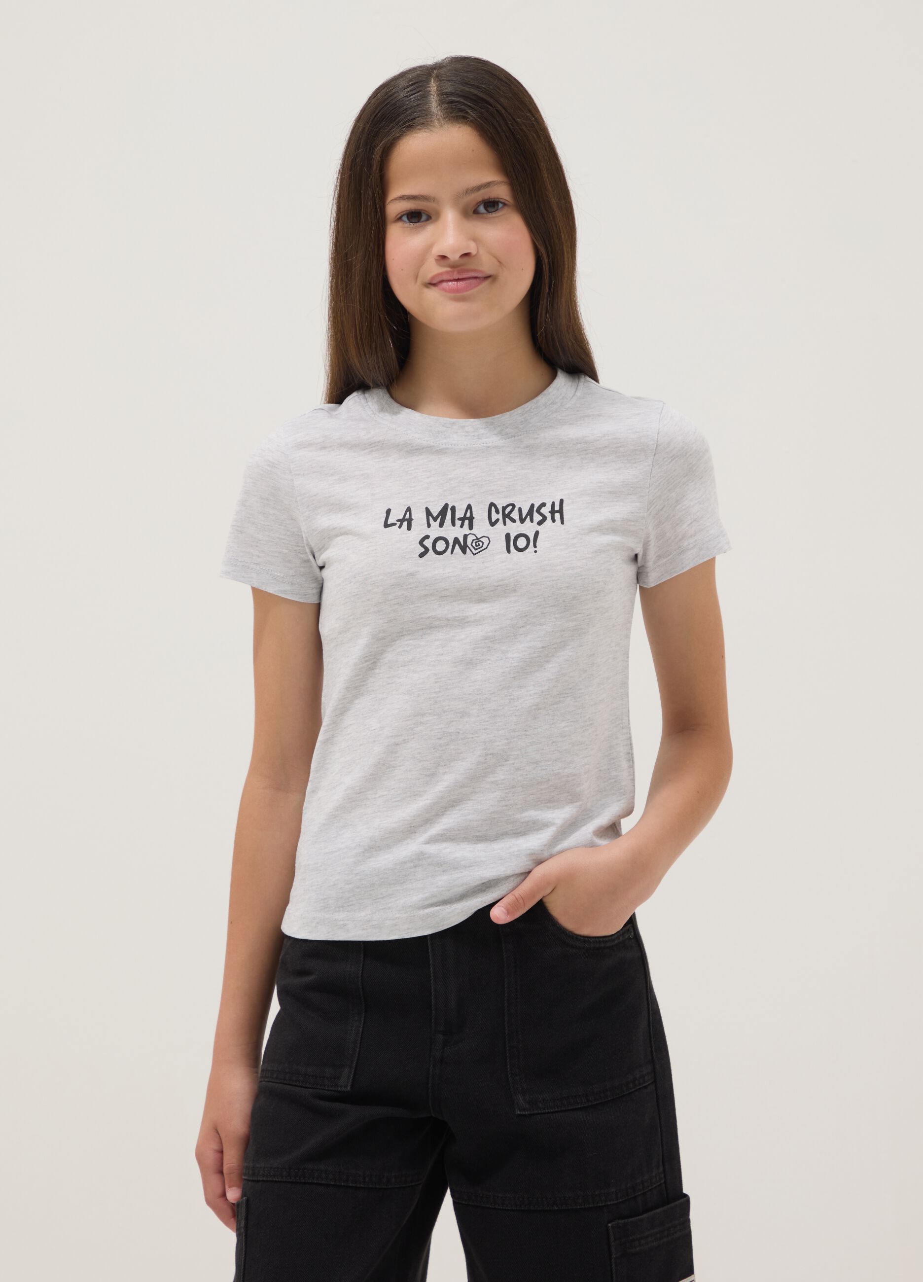 Girls&rsquo; grey organic cotton short-sleeve T-shirt, regular fit