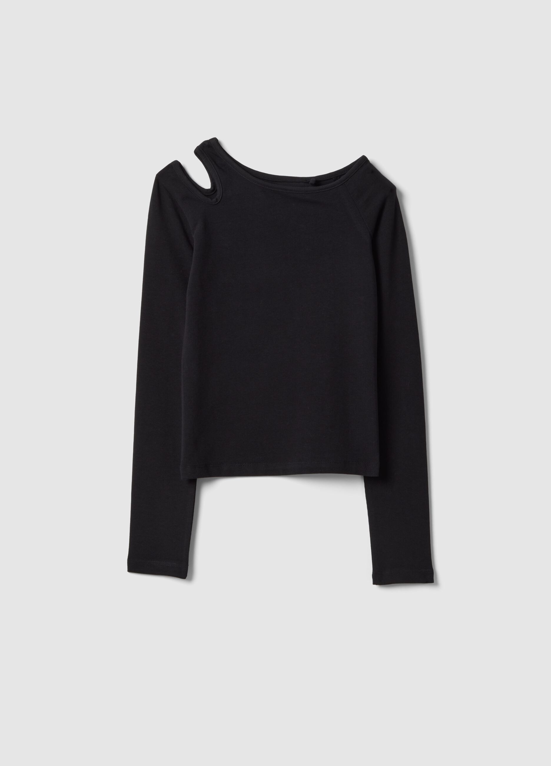 Black cotton blend slim fit girl's top with boat neckline