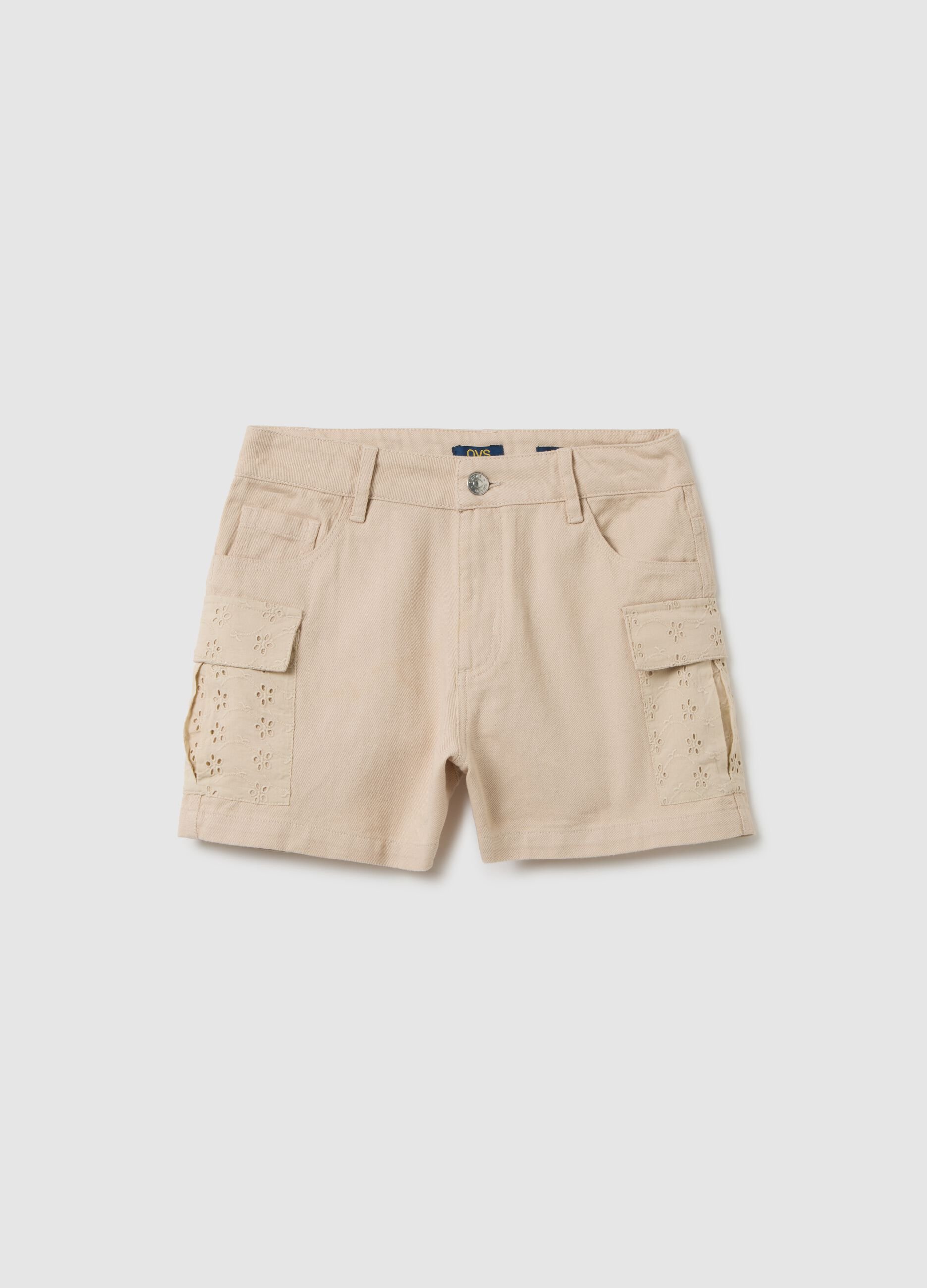 Girls' pure cotton beige regular fit shorts with side pockets