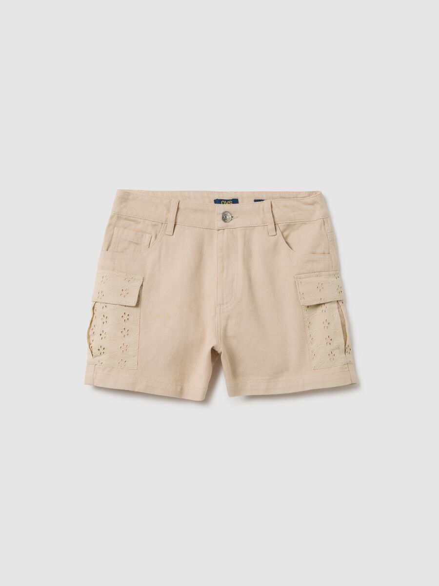 Girls' pure cotton beige regular fit shorts with side pockets_0
