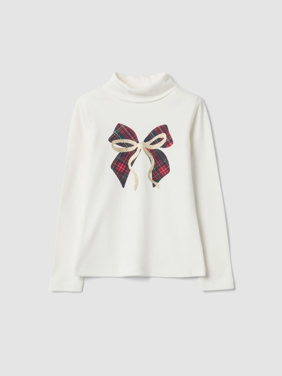T-shirt bianca in puro cotone dolcevita con stampa fiocco_0