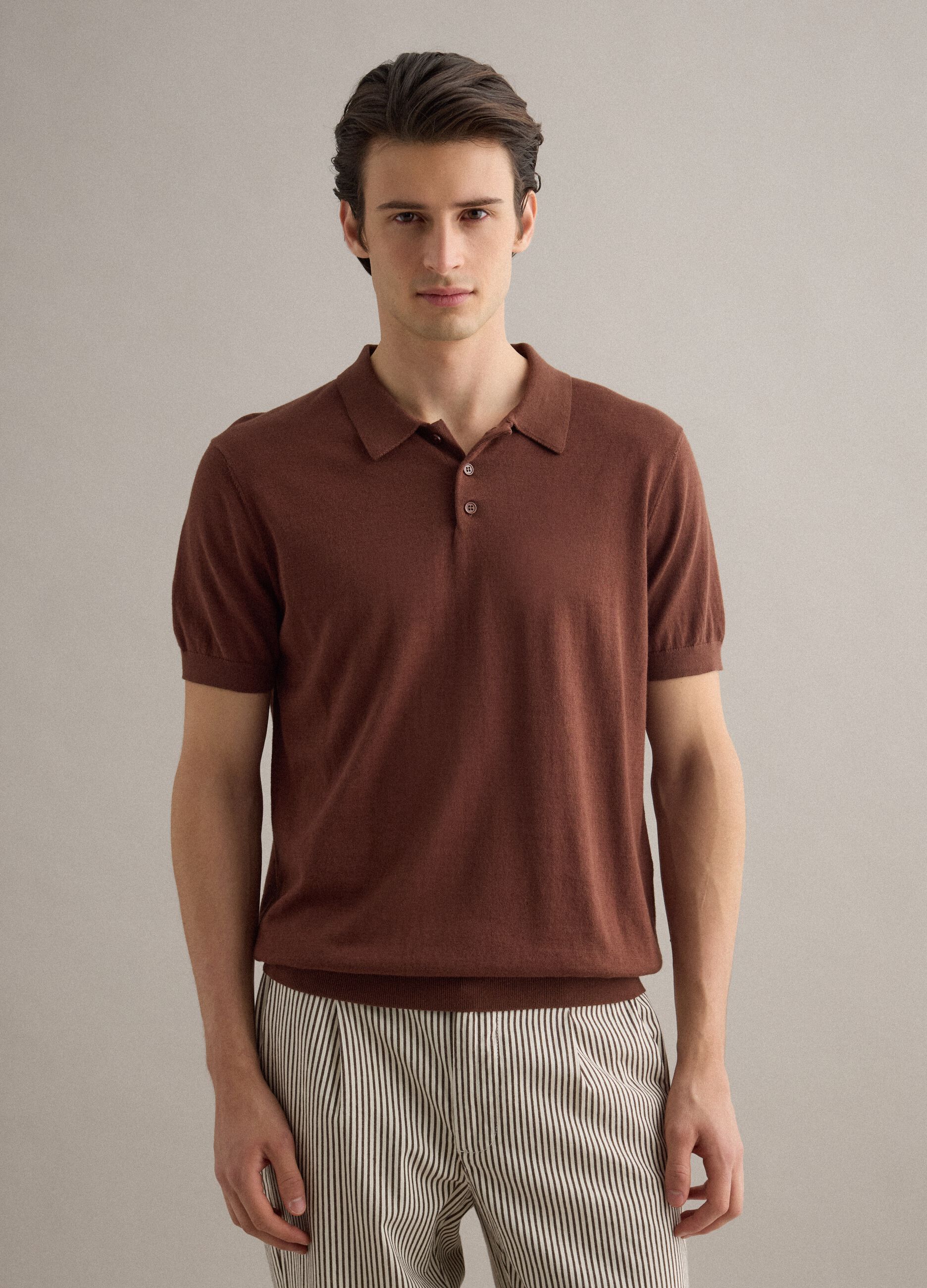 Brown regular fit polo in cotton, linen, and silk blend