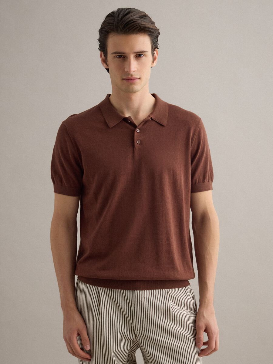 Brown regular fit polo in cotton, linen, and silk blend_0