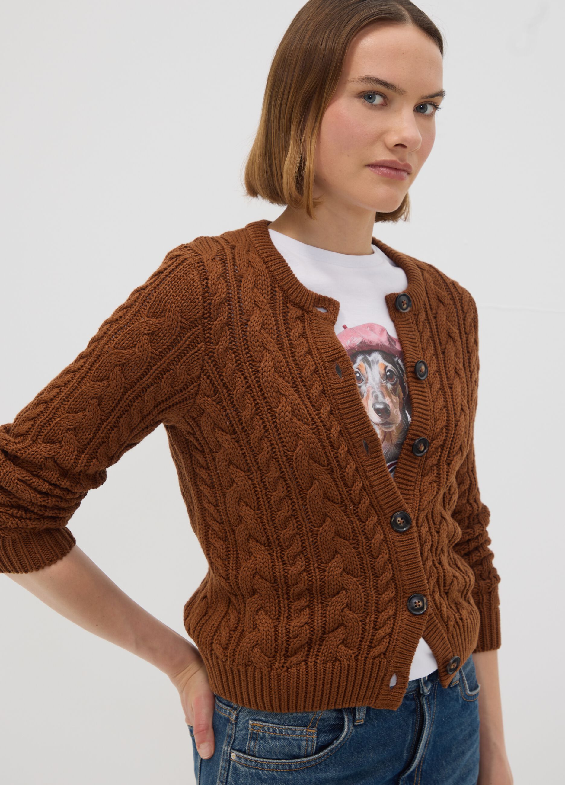Brown cable-knit cotton-blend cardigan, regular fit