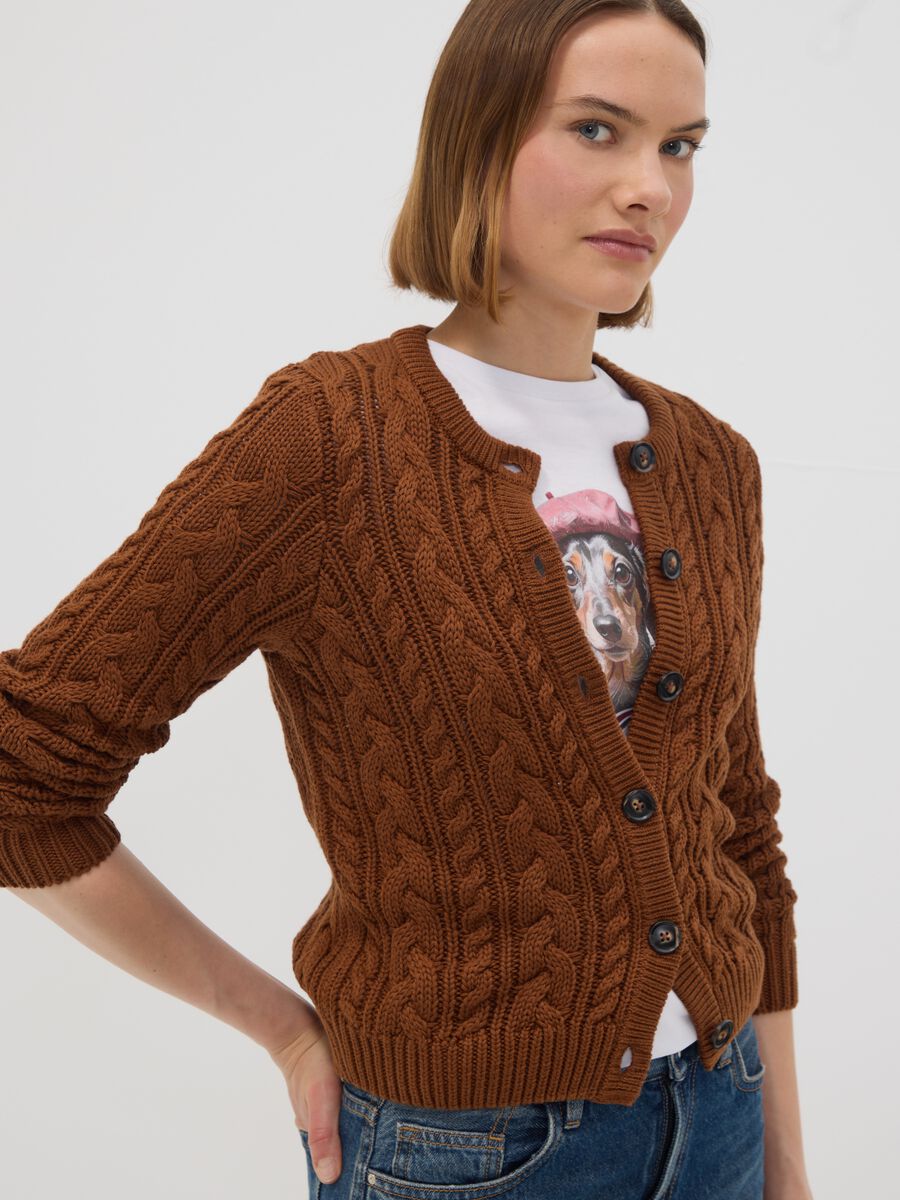 Brown cable-knit cotton-blend cardigan, regular fit_0
