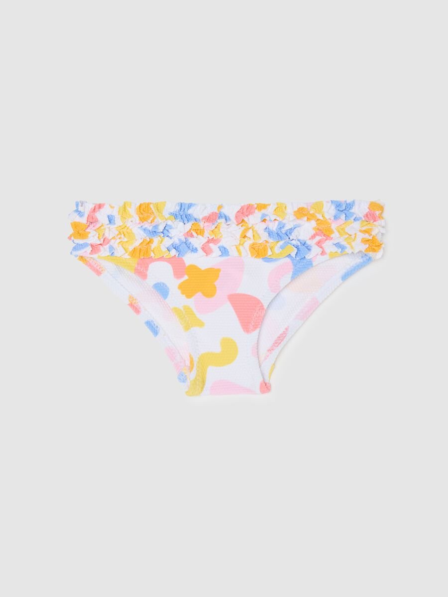 Girls’ swim briefs in multicoloured stretch fabric with frill_0