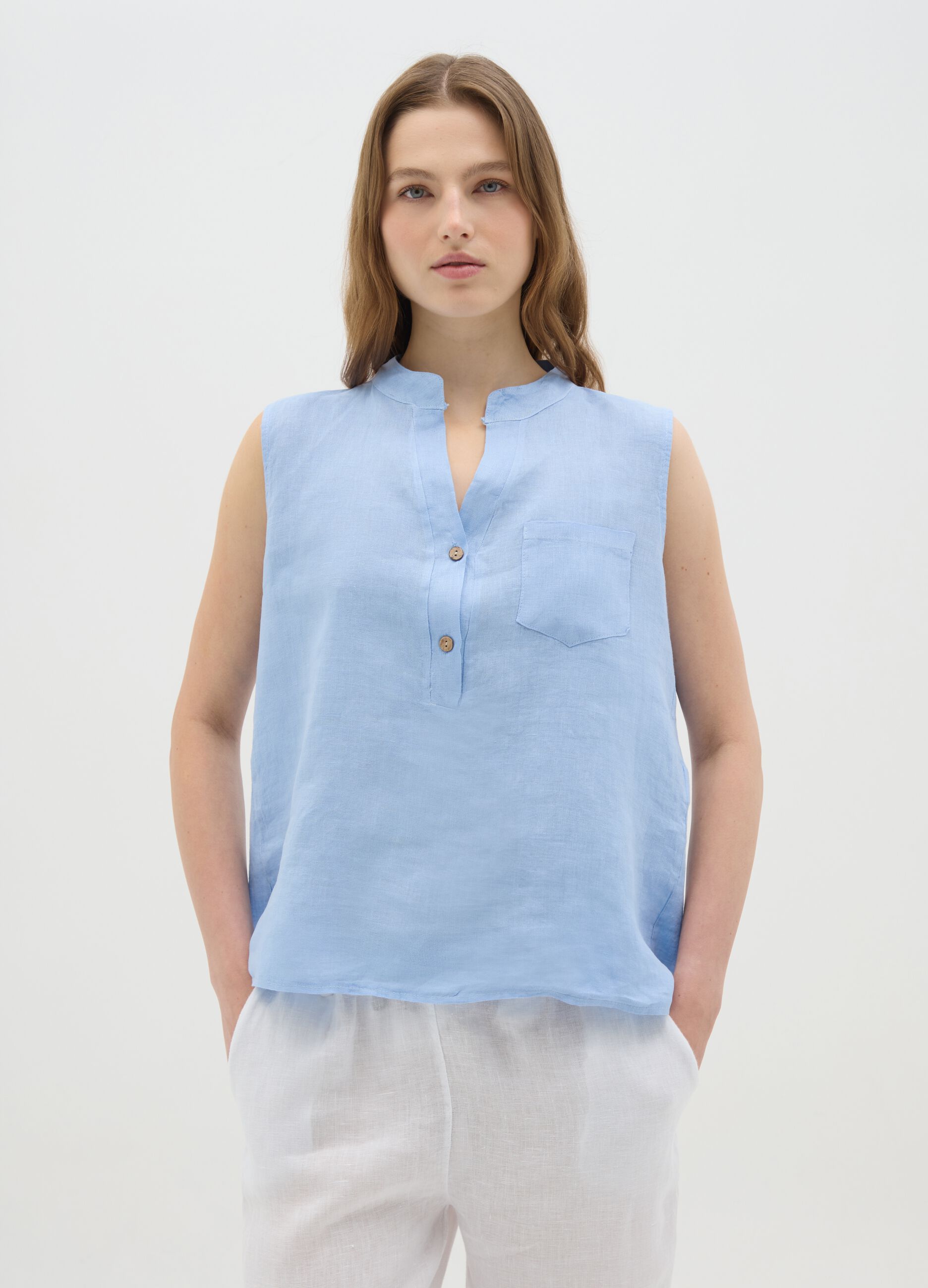 Women's Sleeveless Linen Blue Shirt Regular Fit