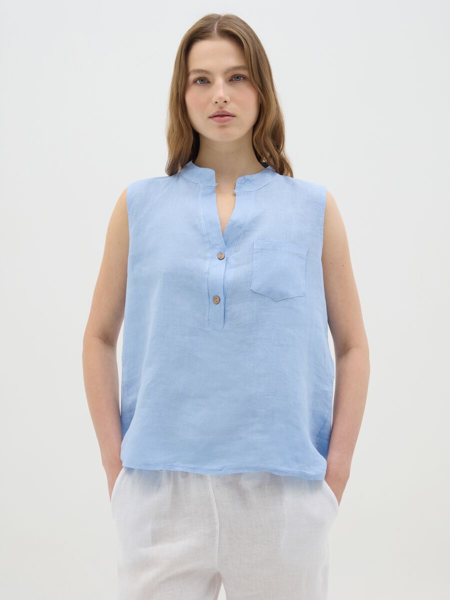 Women's Sleeveless Linen Blue Shirt Regular Fit_0