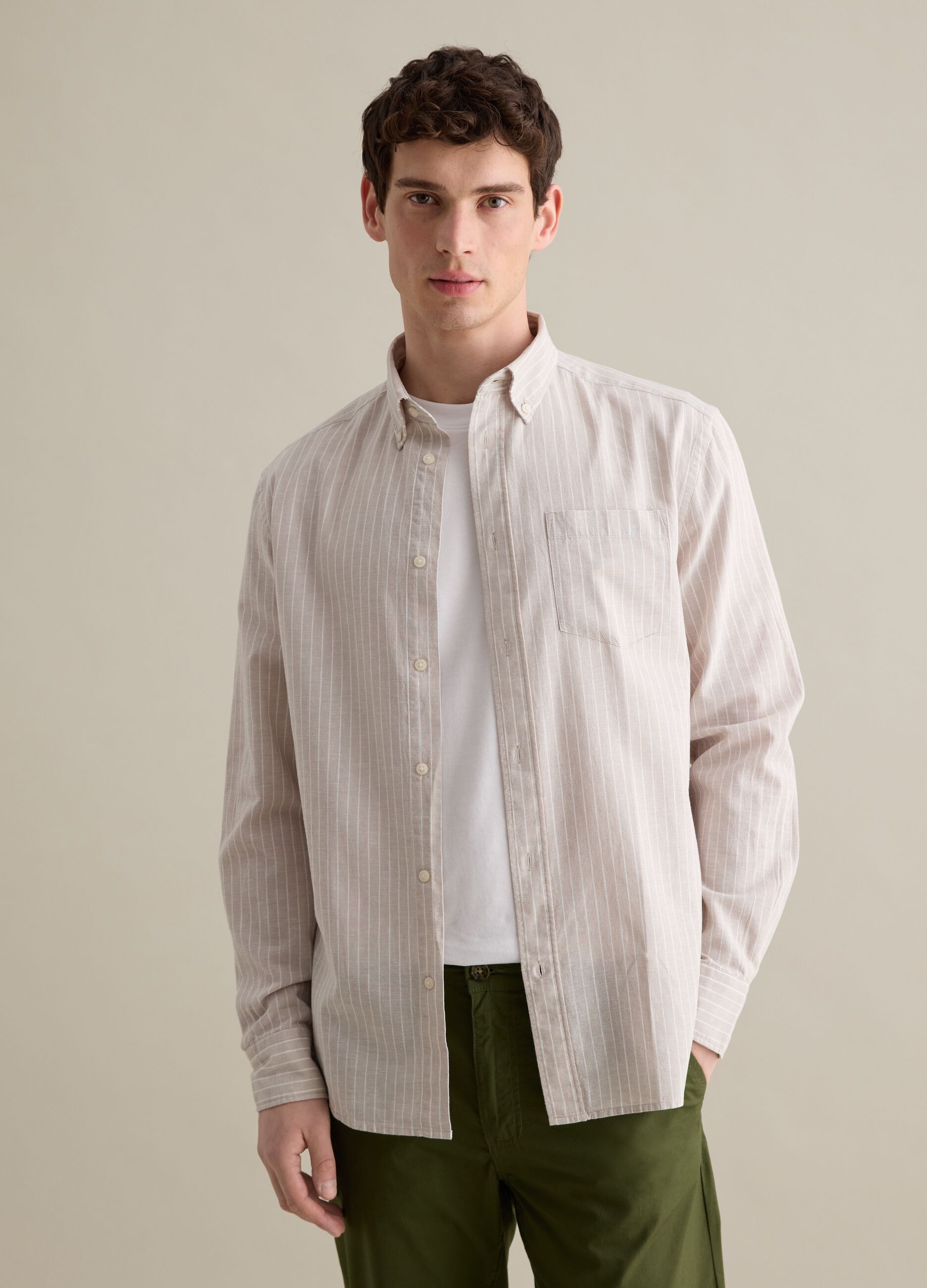 Beige striped regular shirt in cotton and linen