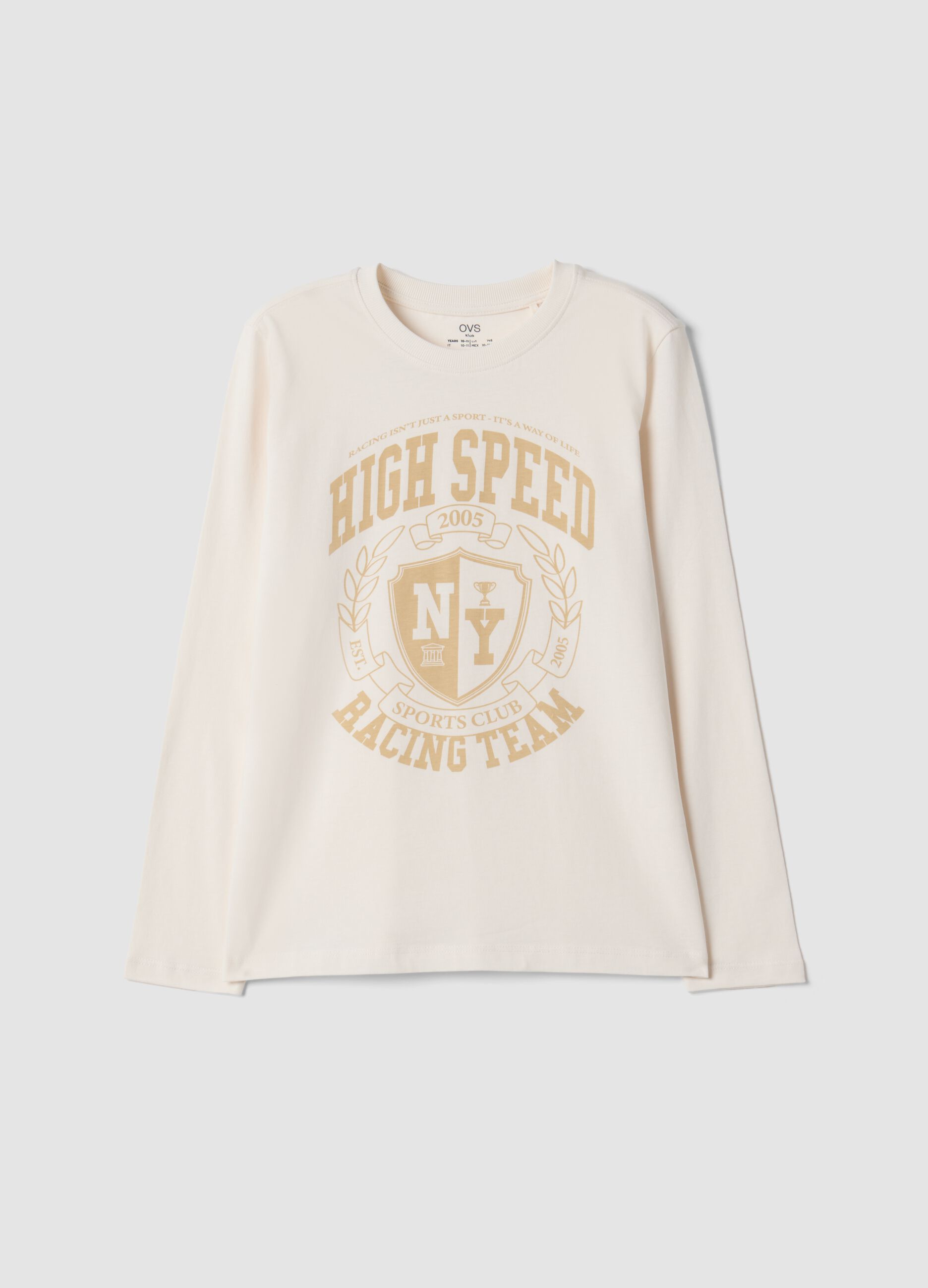 White organic cotton T-shirt with varsity-style print