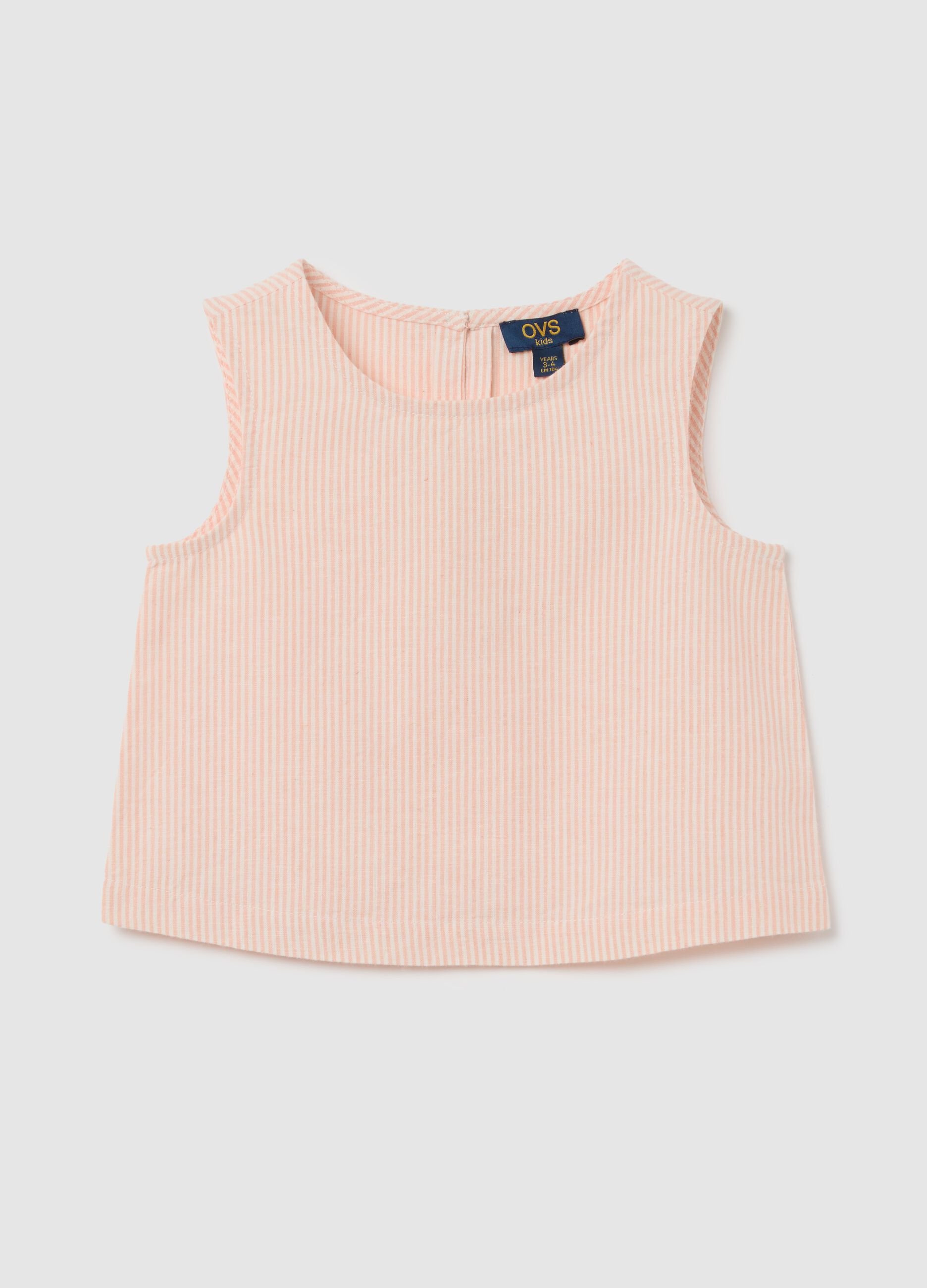 Sleeveless pink striped blouse in cotton and linen