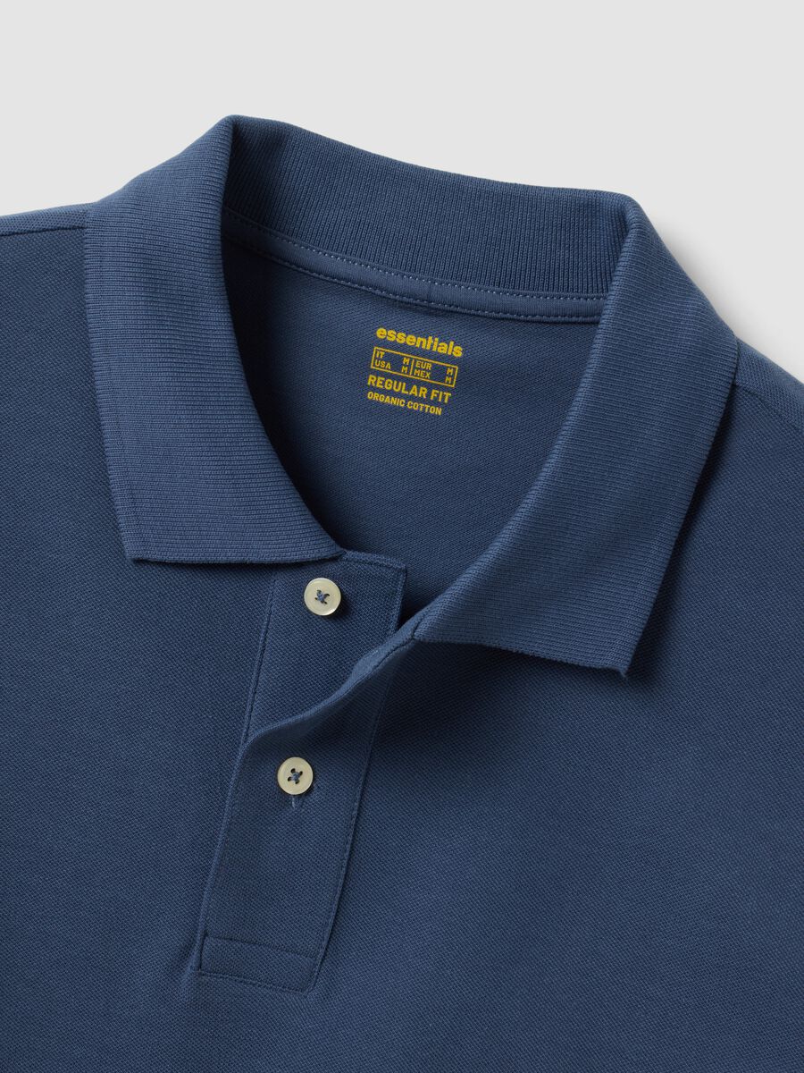 Polo blu in piquet di puro cotone organico a maniche lunghe regular fit_5