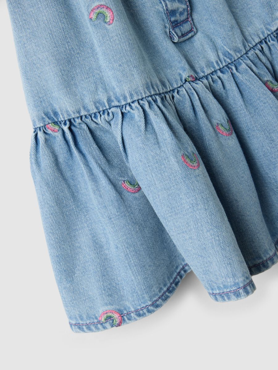 Blue denim cotton blend dress for girls with rainbows_2
