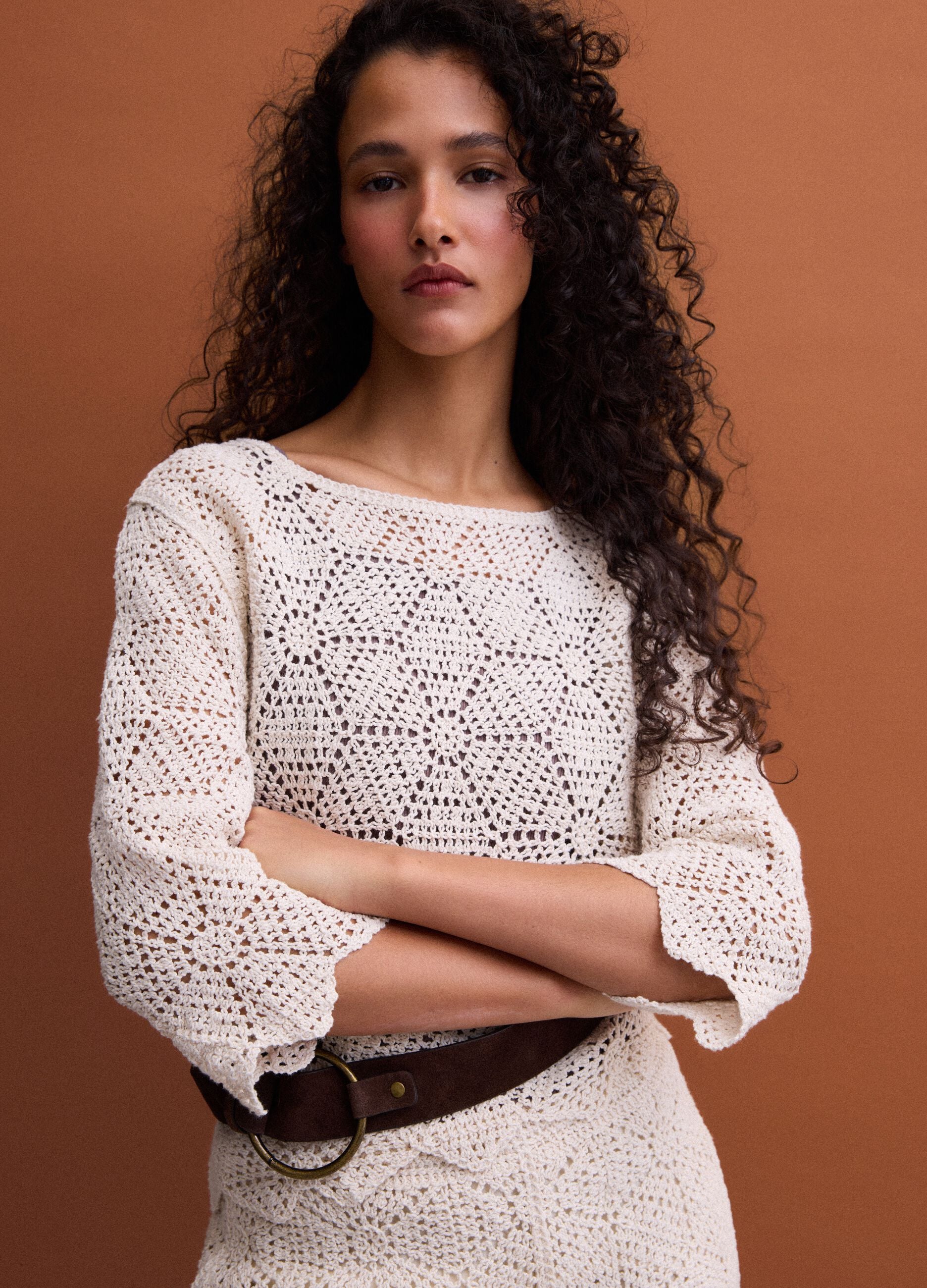 Beige pure cotton crochet T-shirt, regular fit