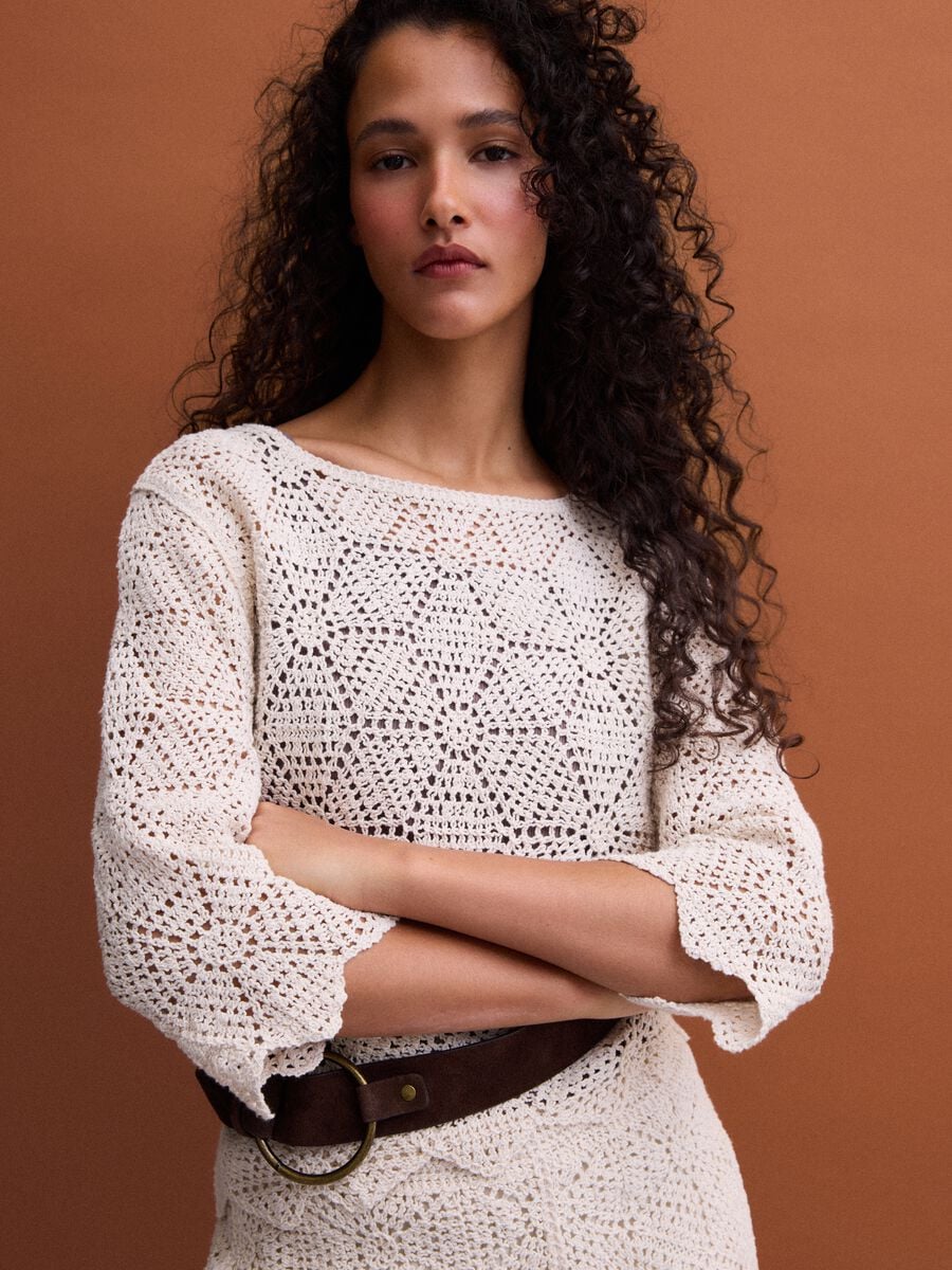 Beige pure cotton crochet T-shirt, regular fit_0