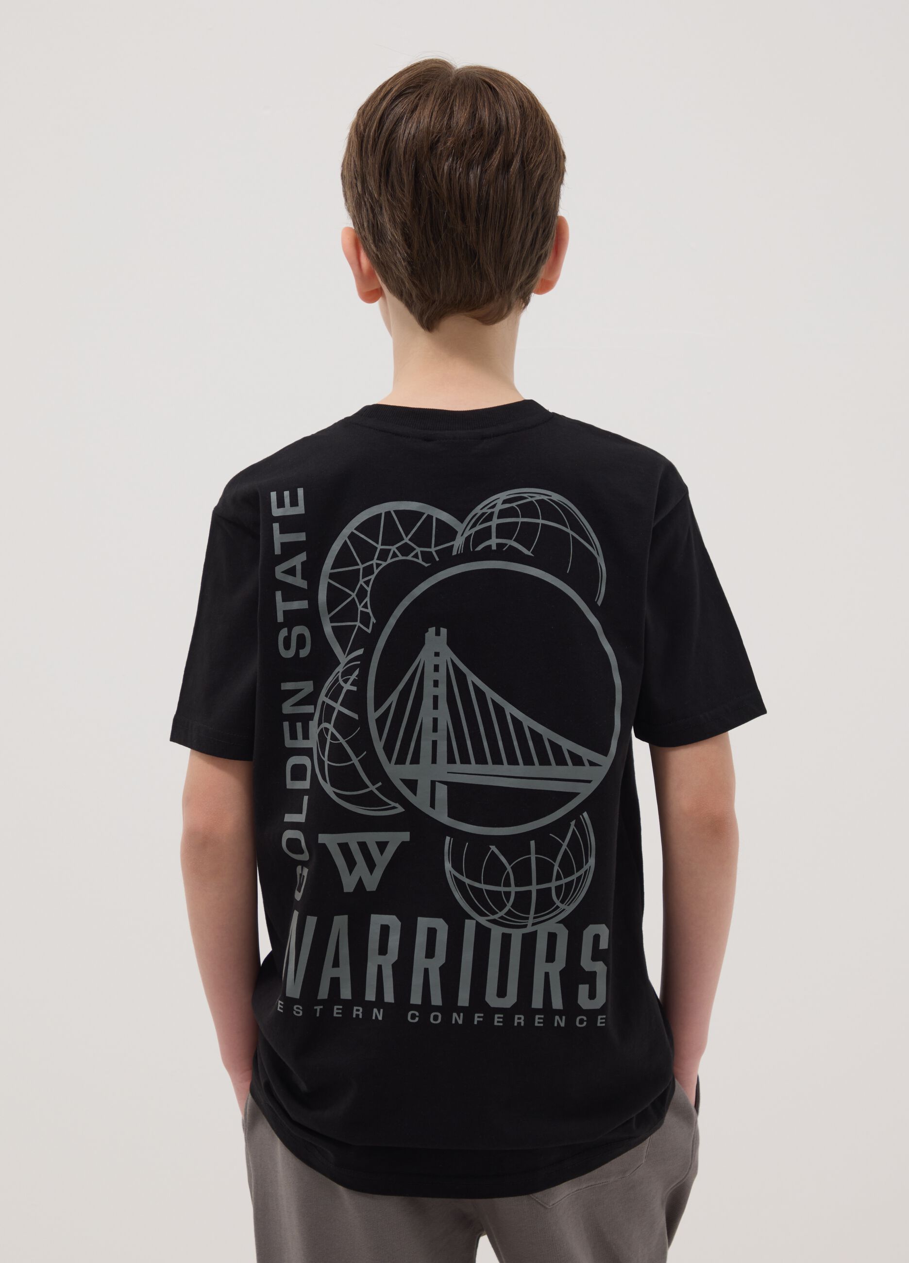 Boys' pure black cotton T-shirt with relaxed fit Warriors