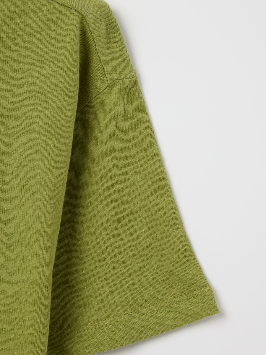 Green short-sleeved T-shirt in cotton and linen_3