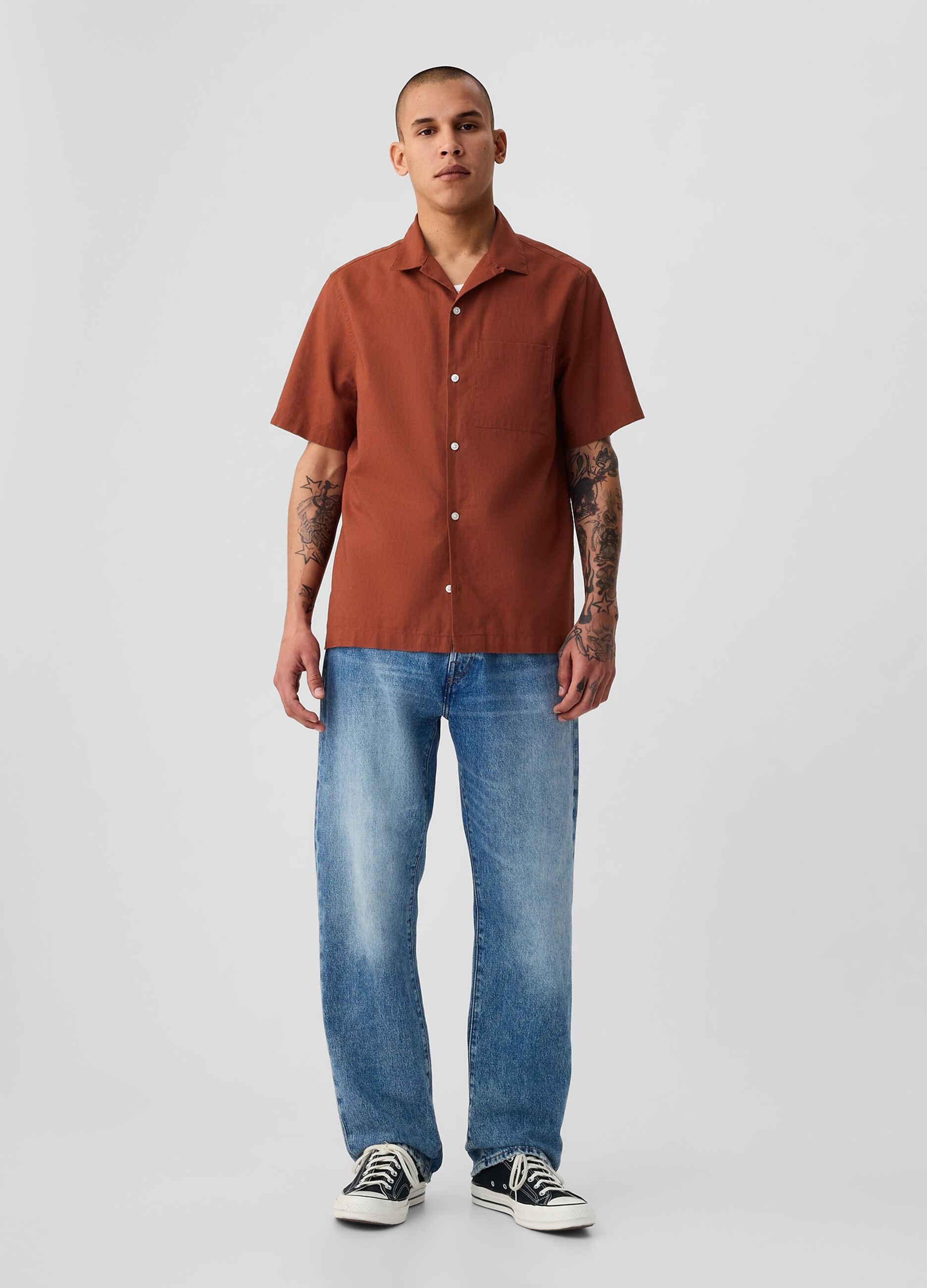 Linen and cotton short-sleeved shirt