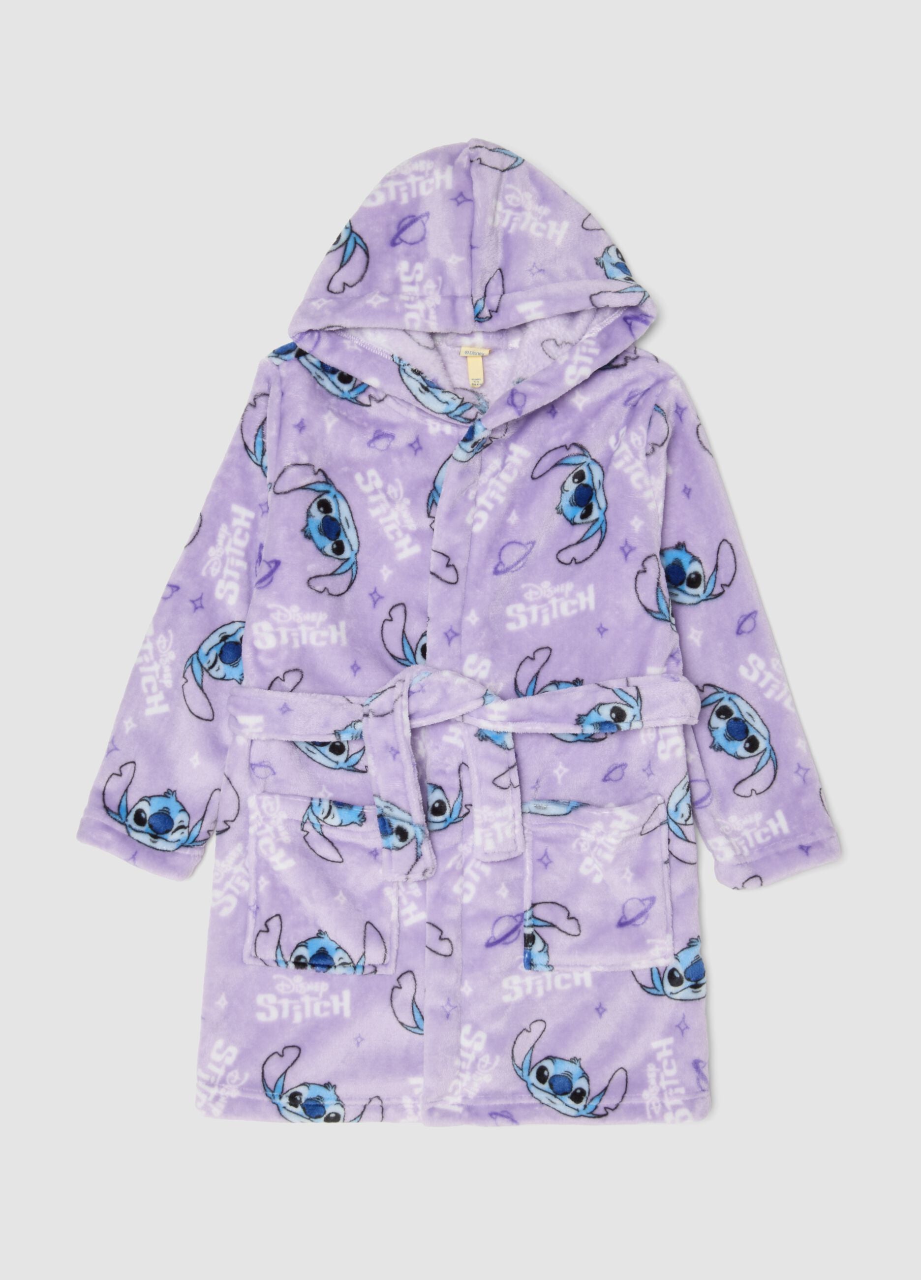 Lilac purple hooded bathrobe with Stitch print