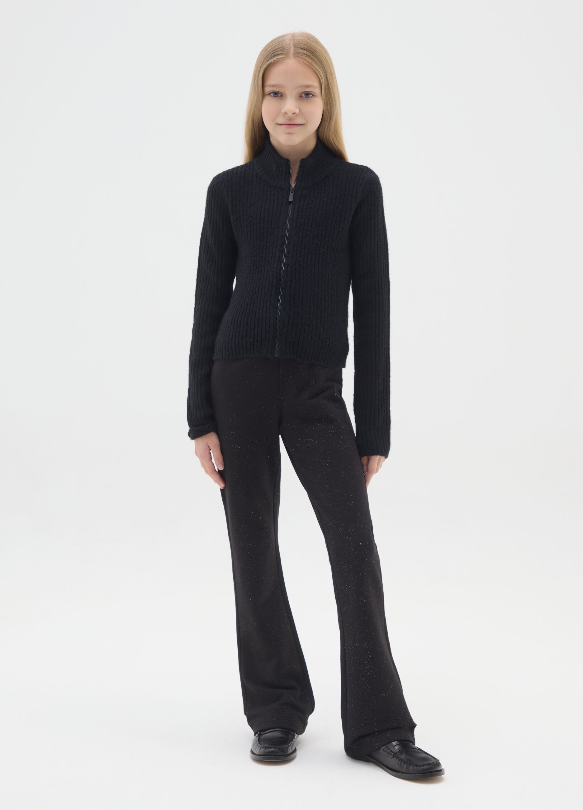 Girls' black flare treggings in stretch cotton