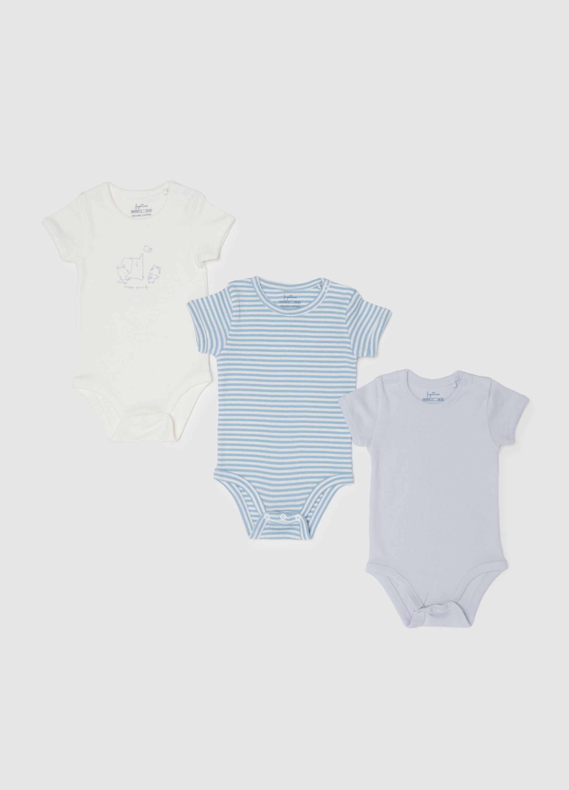 Multicoloured pure cotton baby bodysuit tripack with button closure