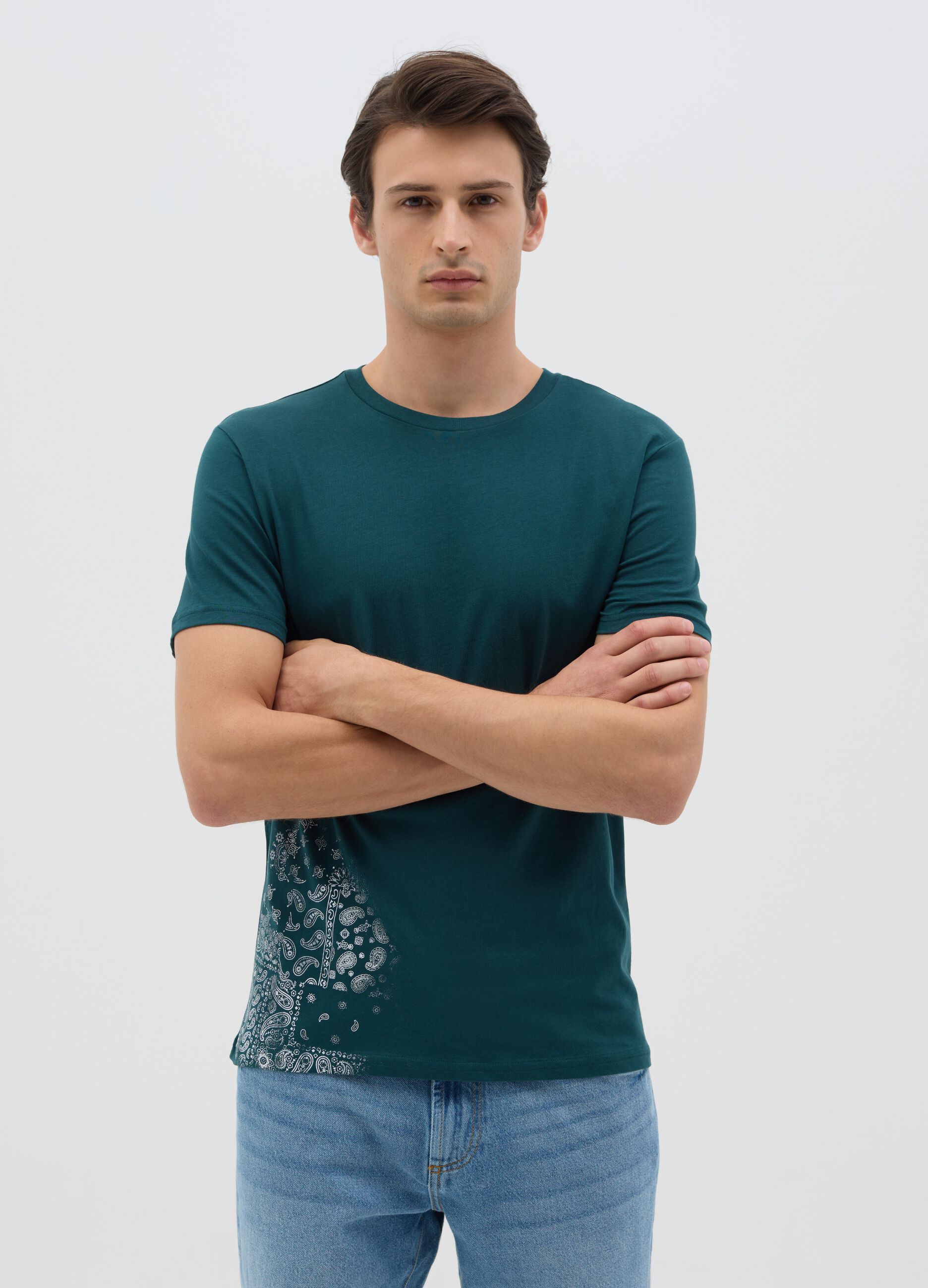 T-shirt verde in cotone con scollo rotondo RE-UP