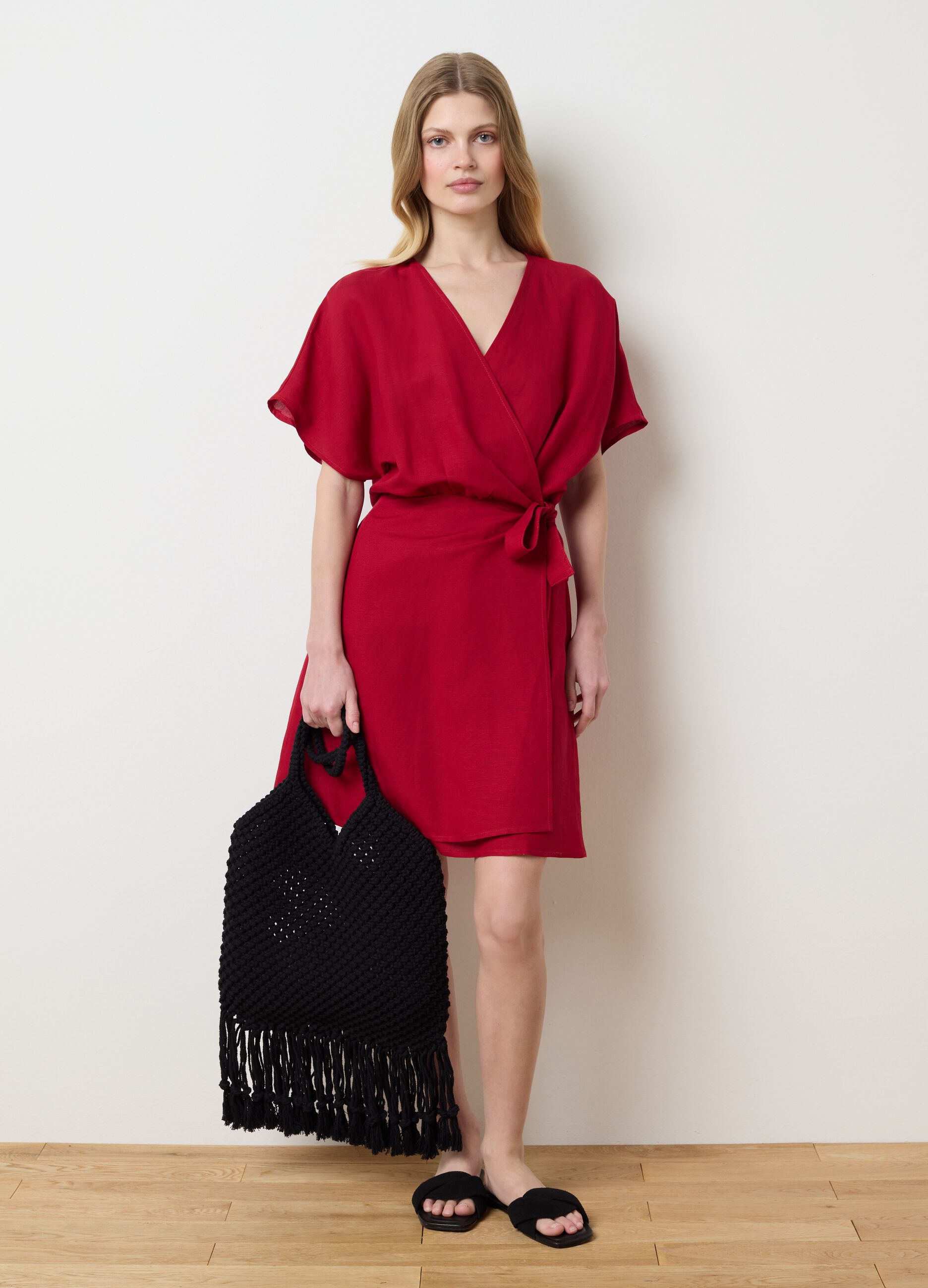 Short red wraparound dress