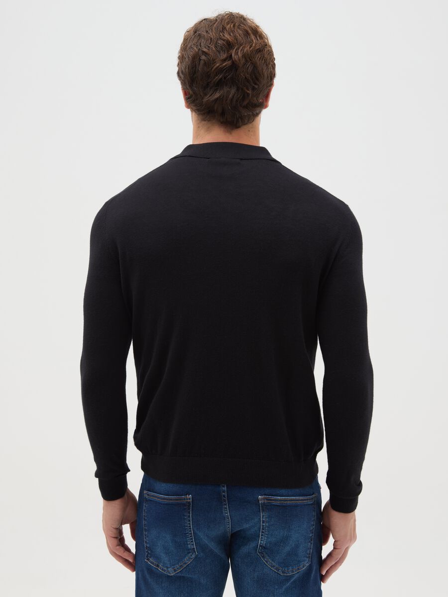 Black long-sleeve polo in cotton and silk blend regular fit_2