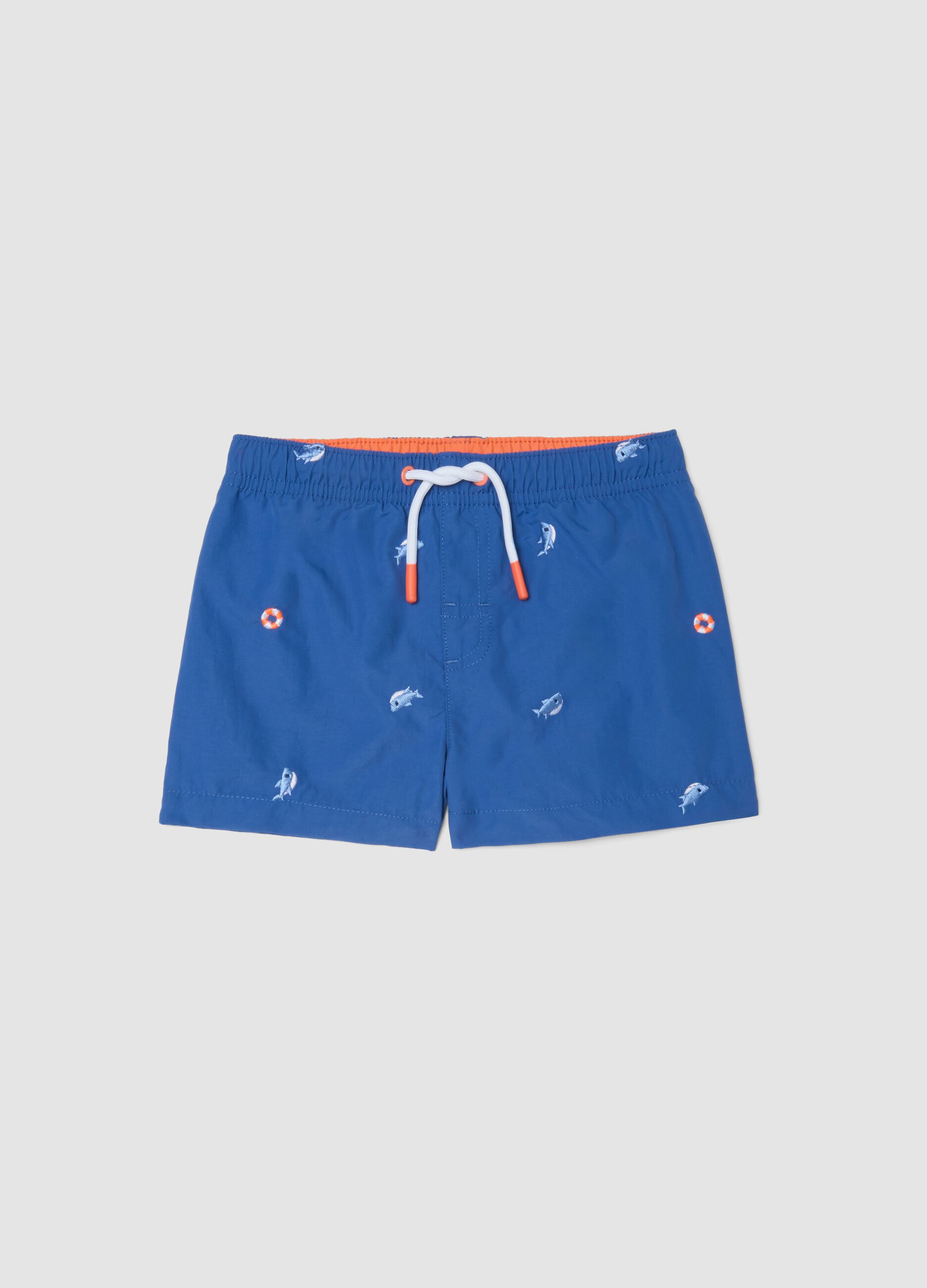 Sea-blue boys&rsquo; boxer swim shorts with fish print