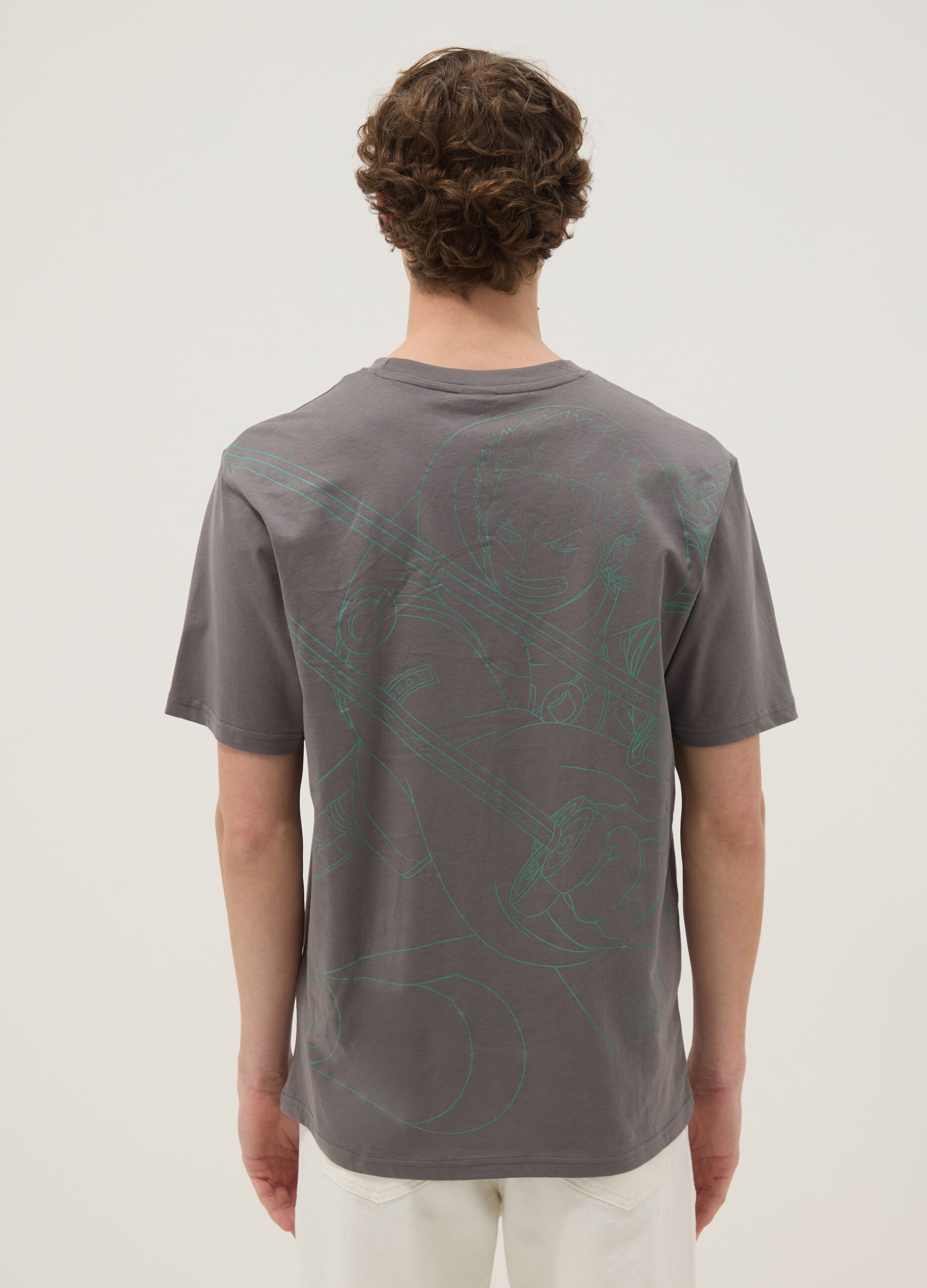 T-shirt grigia con stampa One Piece in puro cotone relaxed fit