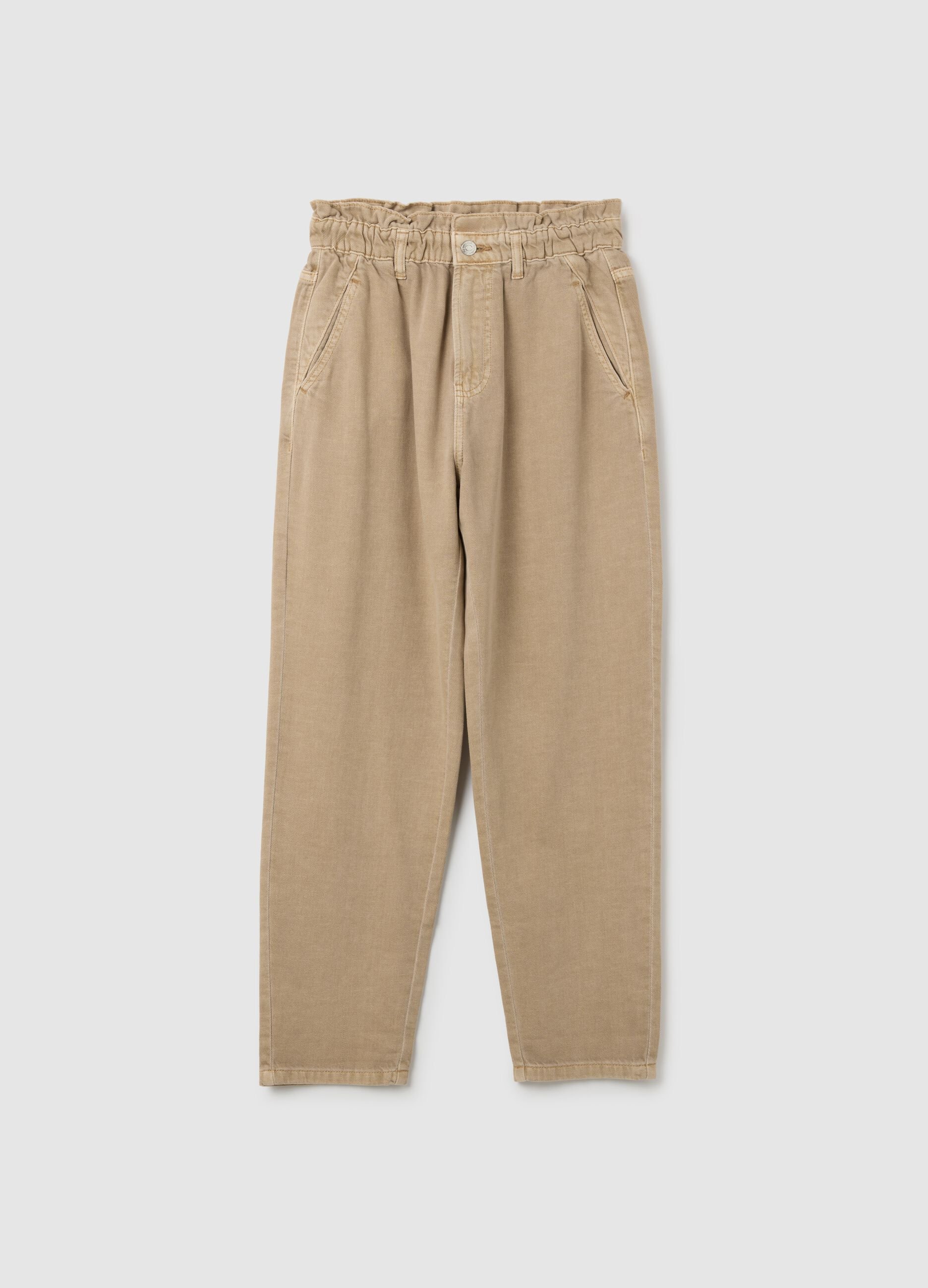 Beige Slouchy Denim Trousers in Pure Cotton