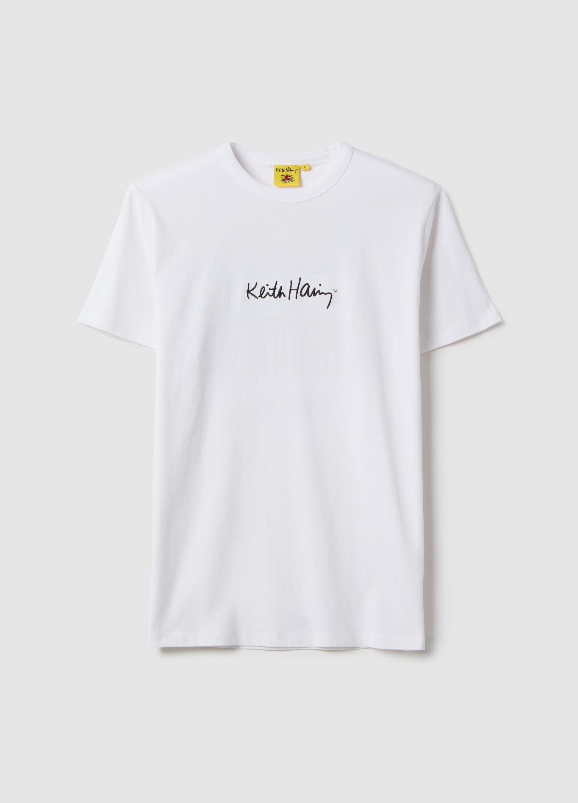 White short-sleeve pure cotton T-shirt with Keith Haring signature