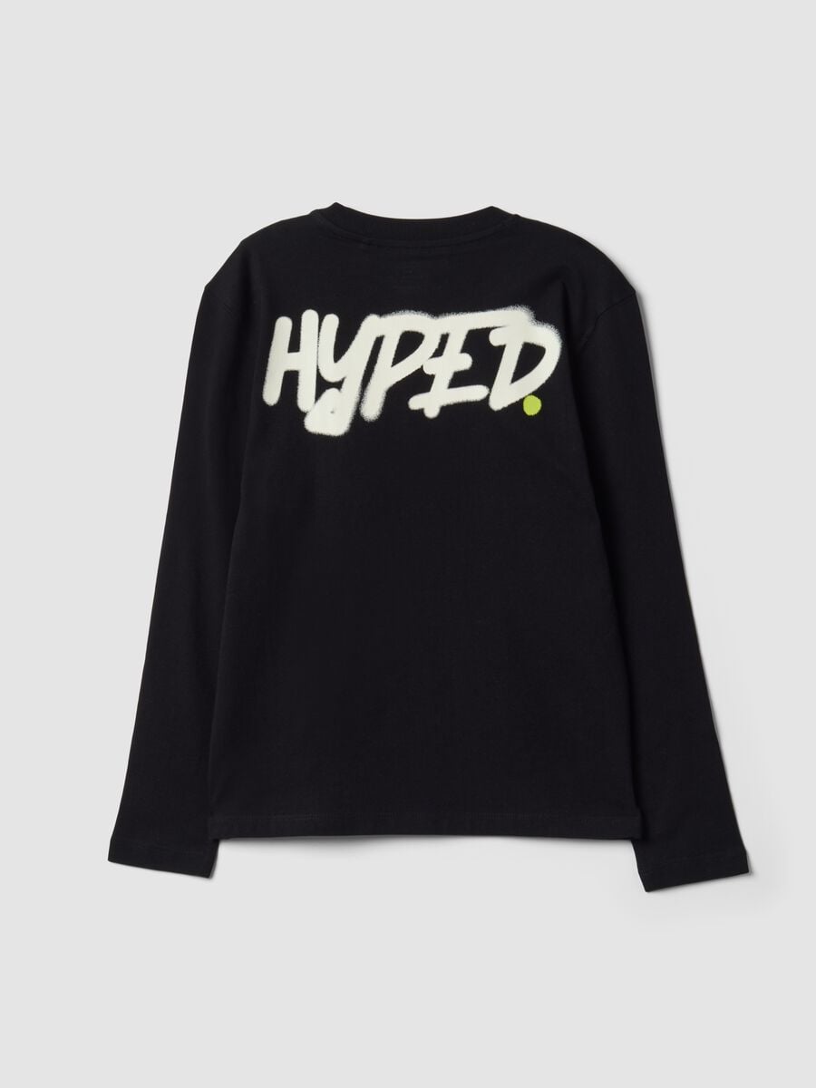 T-shirt nera in puro cotone organico con stampa "Hyped" per ragazzo_5