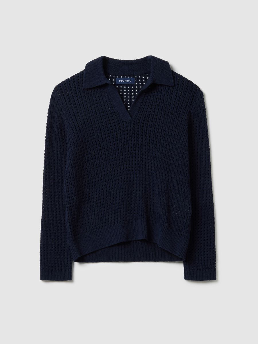 Blue cotton blend regular fit jumper with mesh pattern and polo collar_5