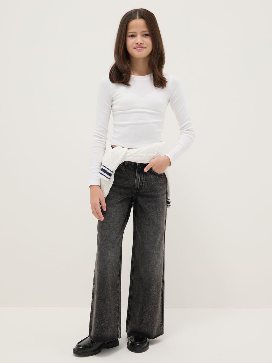 Jeans in puro cotone grigio da ragazza vestibilit&agrave; wide leg_0