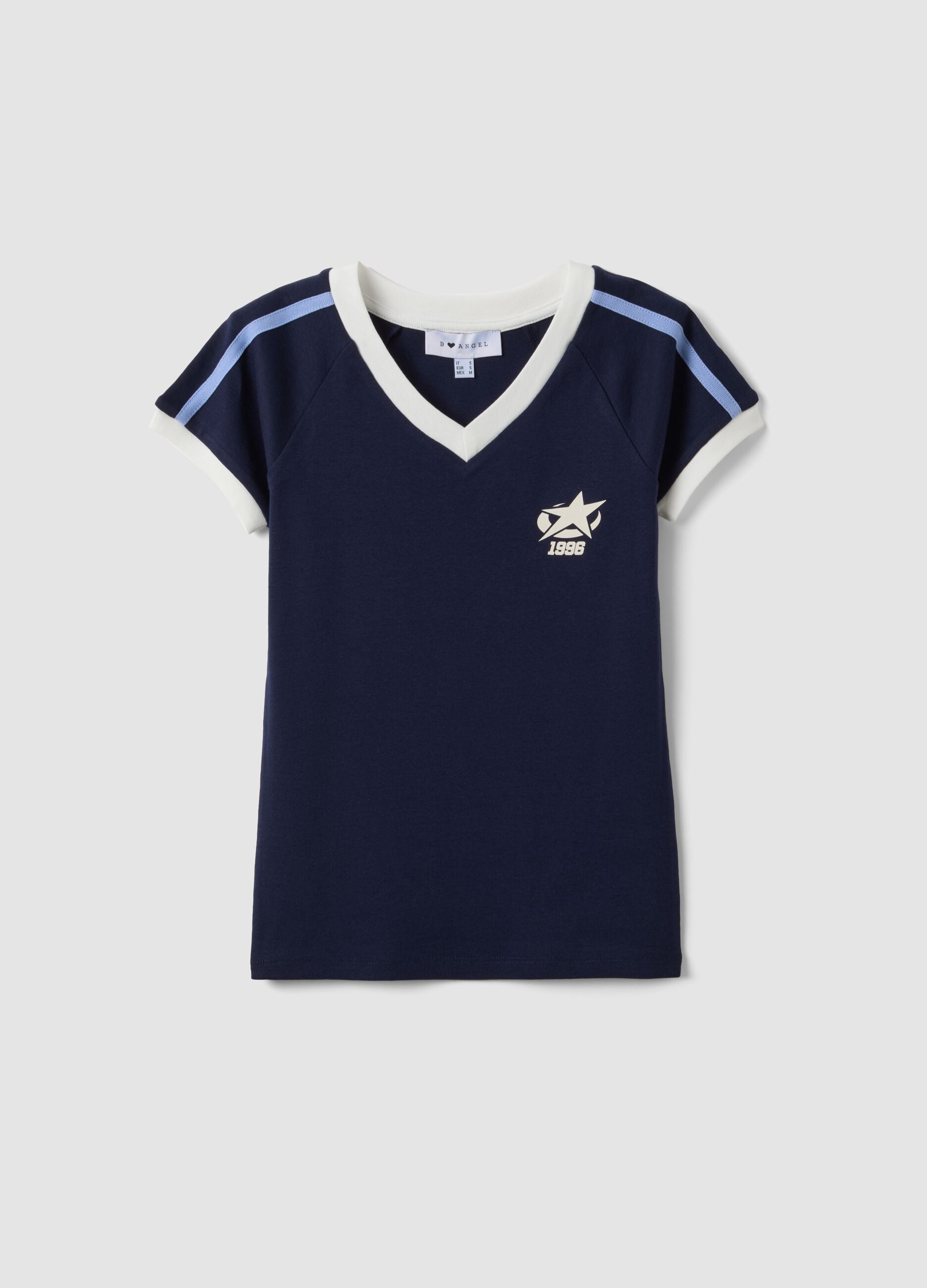 Blue pure cotton V-neck T-shirt with front print