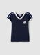 Blue pure cotton V-neck T-shirt with front print_0