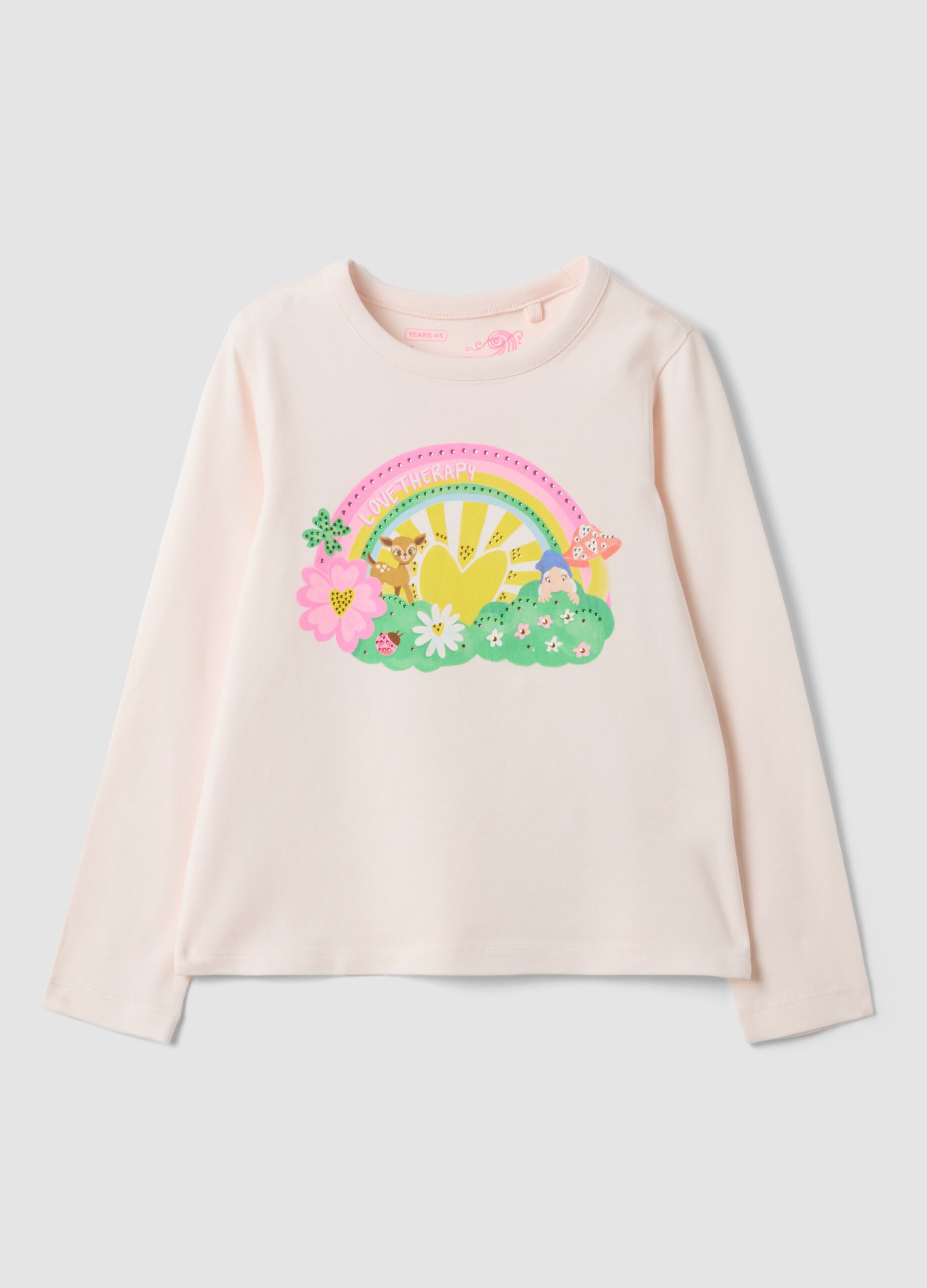 T-shirt rosa in cotone elasticizzato con stampa arcobaleno
