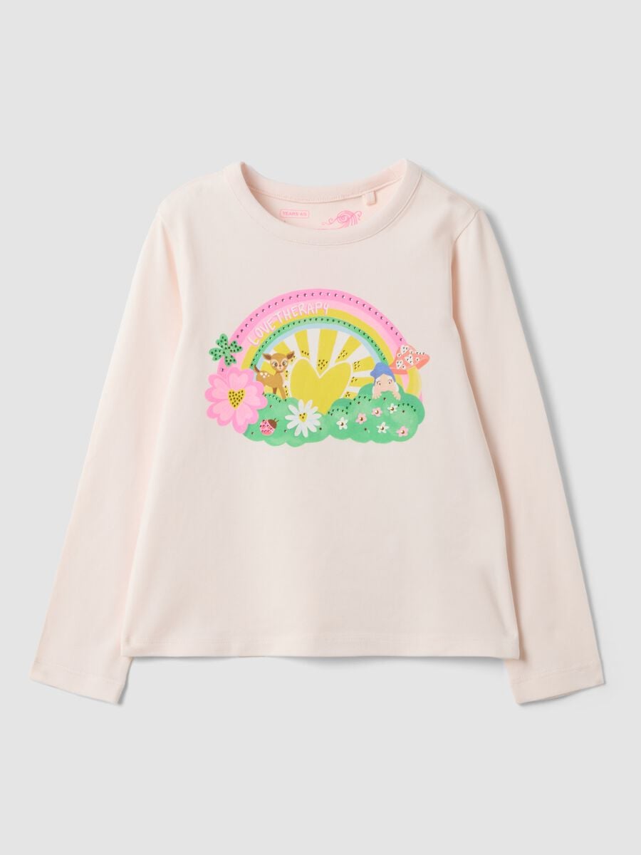 T-shirt rosa in cotone elasticizzato con stampa arcobaleno_0