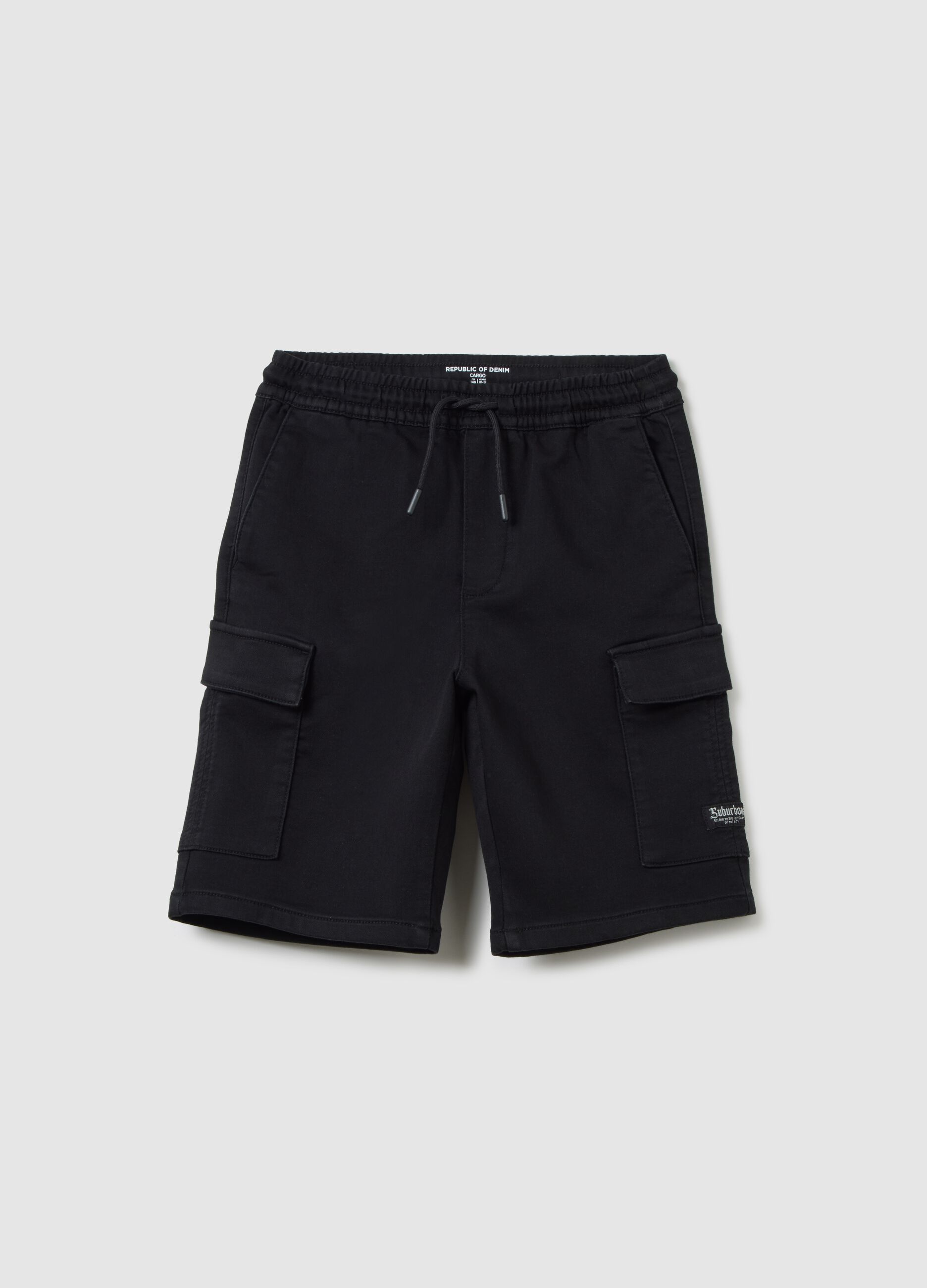 Boys' black cotton blend regular fit shorts with pockets