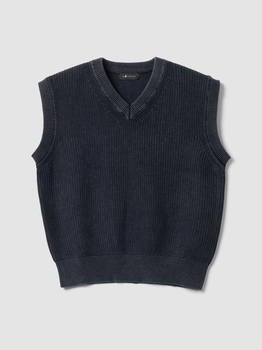 Blue cropped pure cotton vest with deep V-neck_4