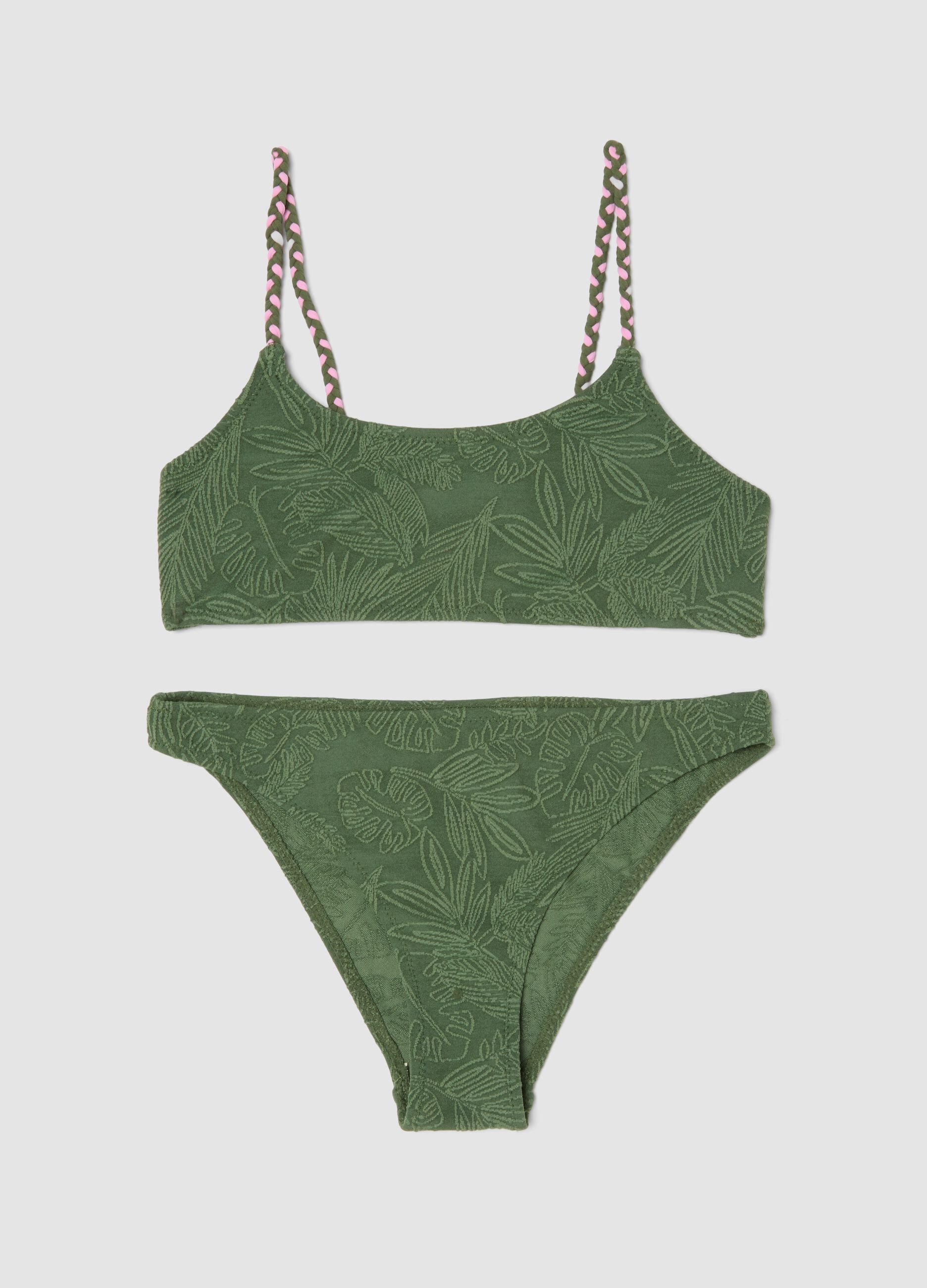 Green stretch bikini with foliage pattern